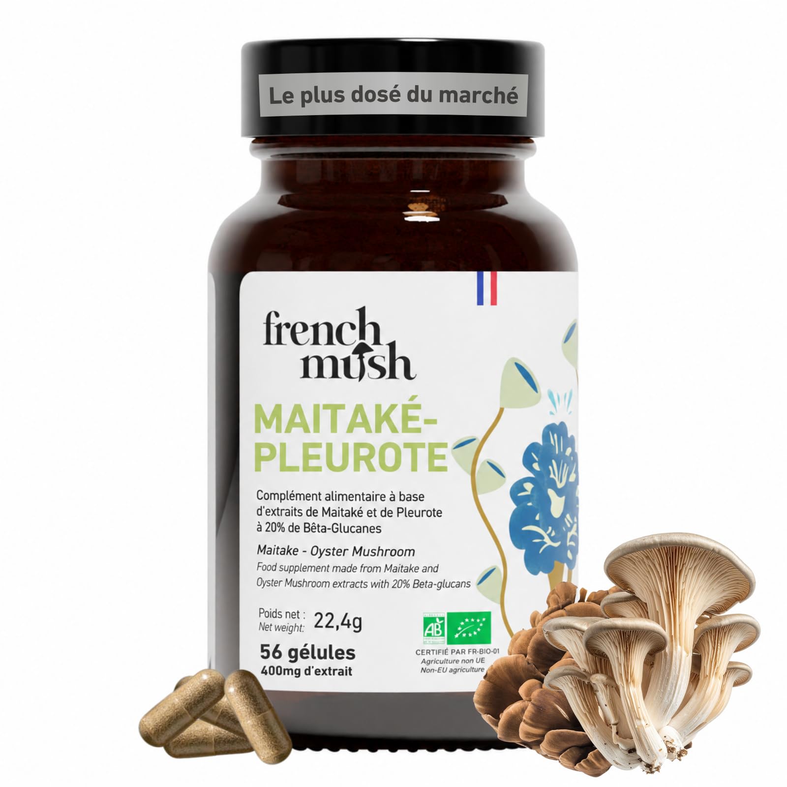 French Mush - Duo Maïtaké Pleurote Bio - 56 Gélules Vegan - Satiété, Digestion & Métabolisme - Extraits Concentrés (20% Bêta-Glucanes) - 2 Gélules/Jour - 100% Bio & Fabriqué en France