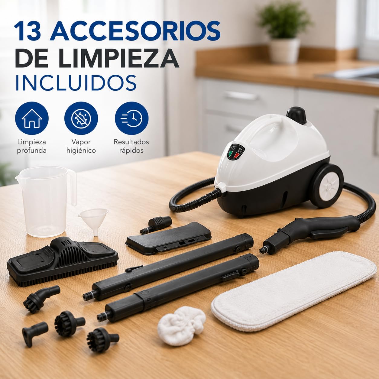 KUKEN Vaporeta Limpieza Hogar 1500W, Vaporeta De Mano Y Limpiador A Vapor Con 3,5 Bar, Depósito 1,2L, 20 Minutos De Vapor, 13 Accesorios, Cable 3 Metros, Limpia Y Desinfecta