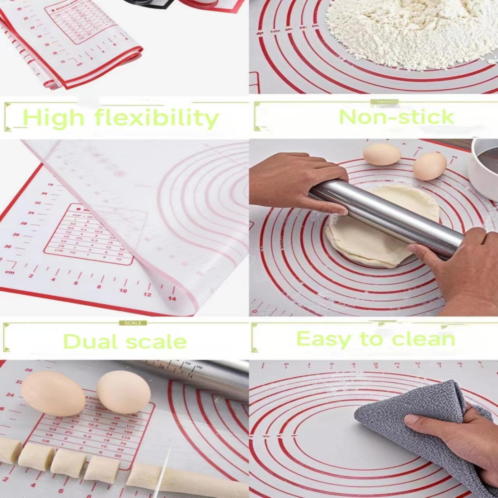 Rodillo con anillos de grosor ajustable y tapete de silicona para hornear pastelería, rodillo de masa de acero inoxidable, suministros para hornear galletas, fondant, pizza, pasta 5