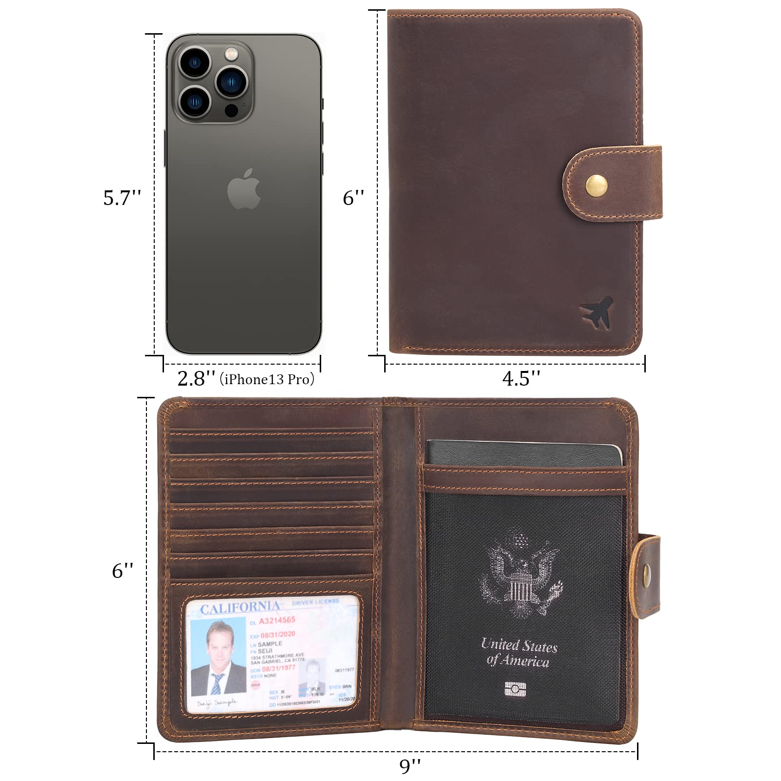 Polare - Cartera de viaje de piel con bloqueo RFID para pasaporte para hombres y mujeres, Marrón oscuro (versión Snap), L, Retro