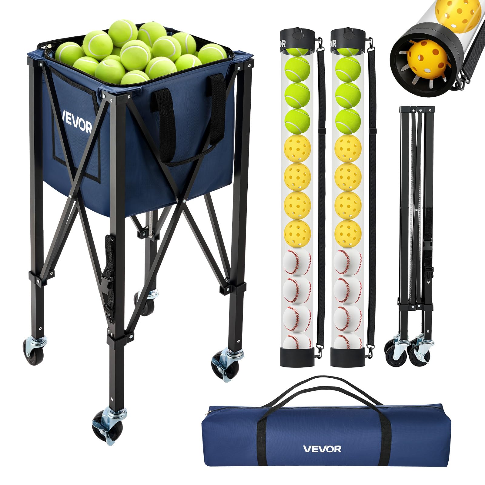 VEVOR Panier à Balles de Tennis et Pickleball 2-en-1 avec roulettes, Capacité de 150 Balles de Tennis ou 260 Pickleballs, Chariot Pliable avec Tube de Ramassage, Panier Portable pour Entraînement