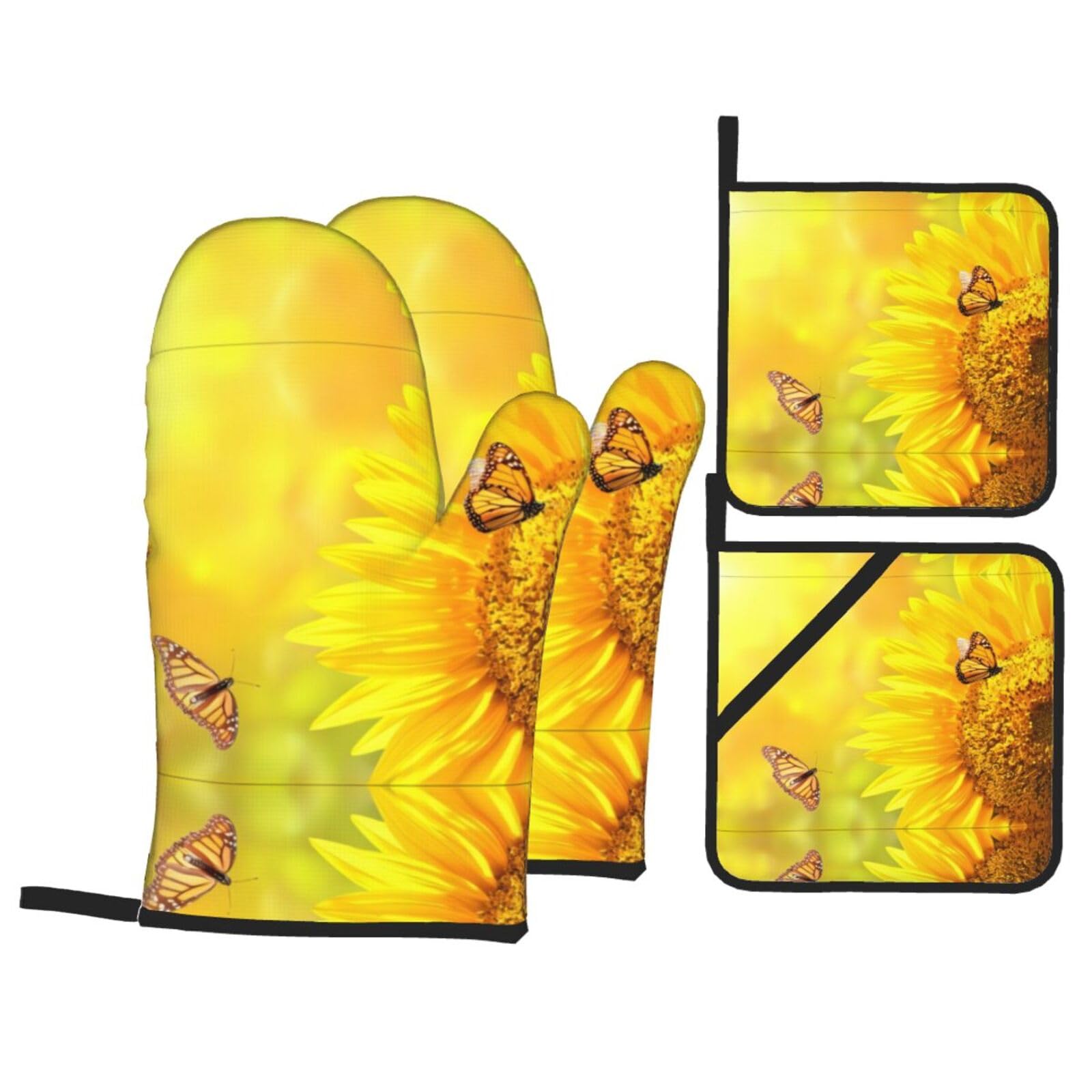 Sunflower Butterfly Sunny Printed Baking 4-Piece Set, includes oven mitts and a heat-resistant mat, suitable for oven and BBQ use