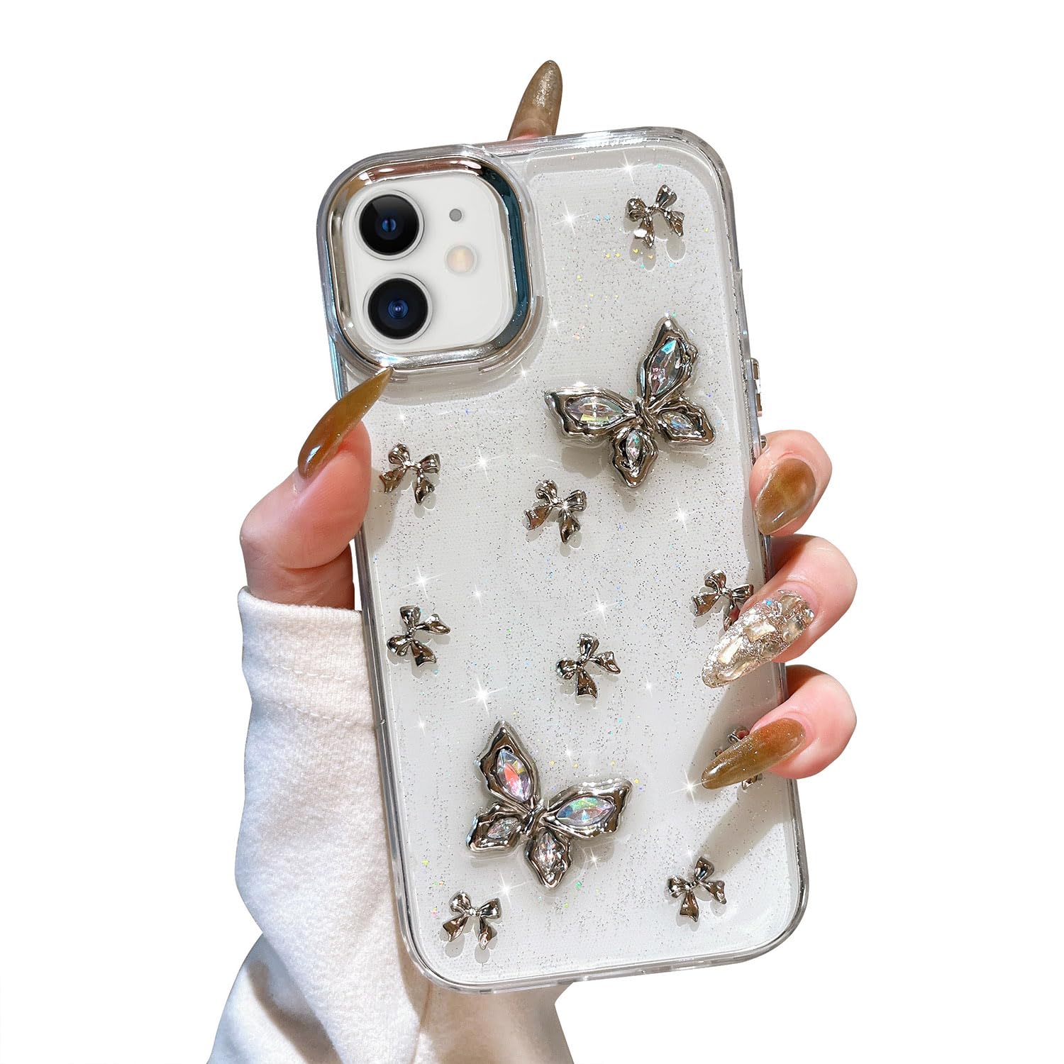 EYZUTAK Case for iPhone 11, Bling Glitter 3D Butterflies Bowknot Phone Case Cute Crystal Clear Bow Aesthetic Case Slim Soft Durable TPU Transparent