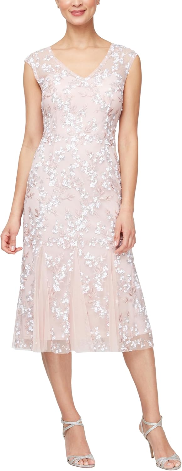 Alex Evenings Womens Tea Length Embroidered Cocktail Dress with Godets, Wedding Guest, Party Dress (Petite and Regular Sizes)