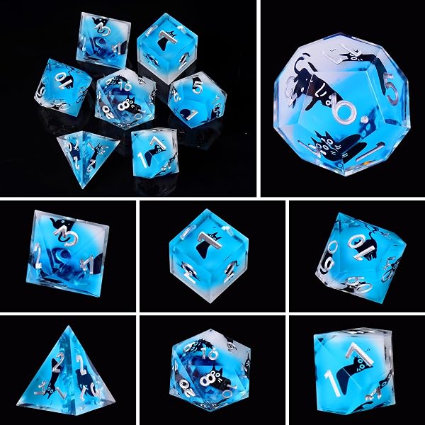 ORUZA 7 Stück Polyedrische Harz Würfel, DND Katze Würfel Set, Harz Scharfe Kante Spielwürfel für Dungeons and Dragons RPG MTG Pathfinder Rollenspiel - 3