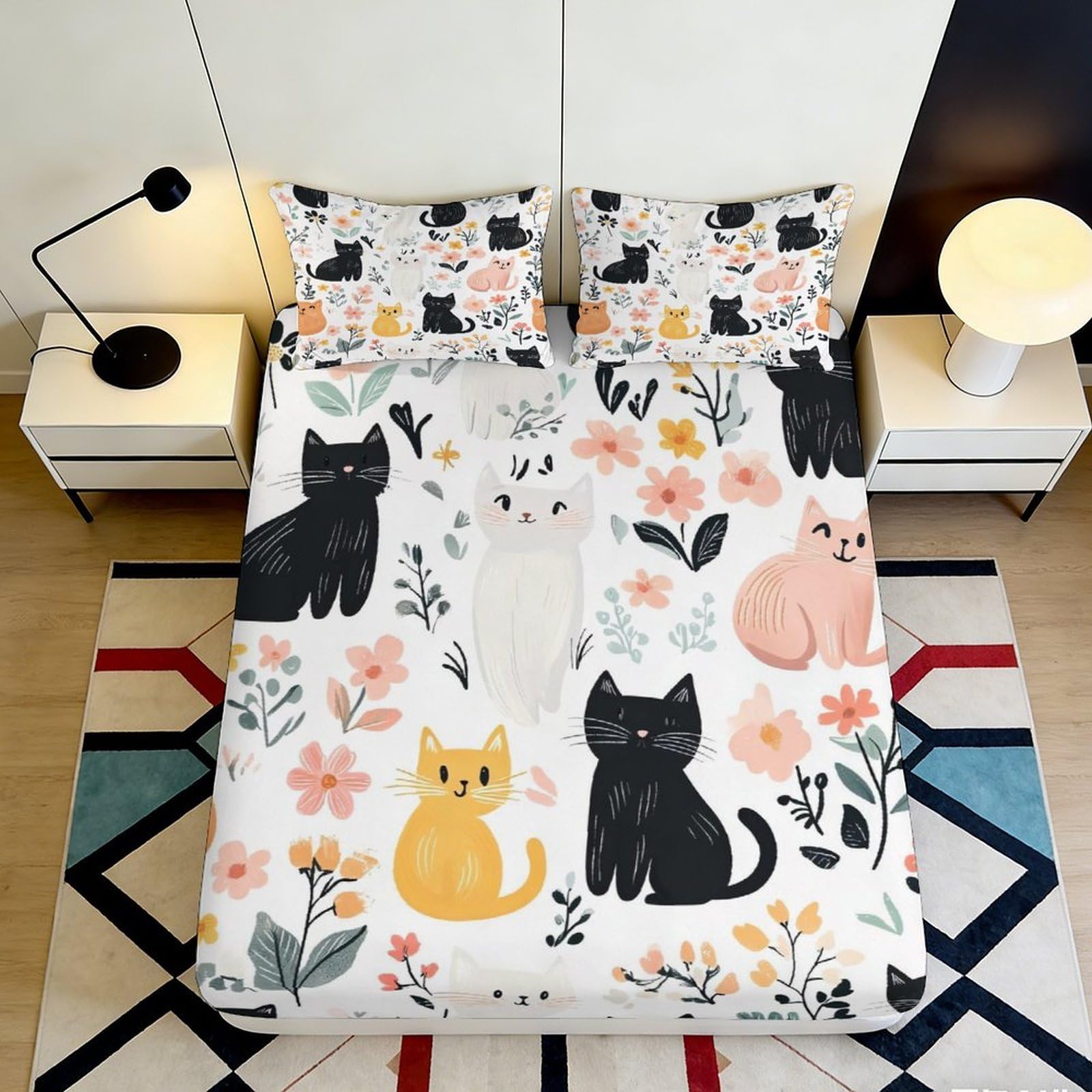 3D Printed Cute Cat Floral Fitted Sheet Microfiber Soft Pastel Cartoon Mattress Cover for Bedroom Dorm Easy Care 160x200x25cm