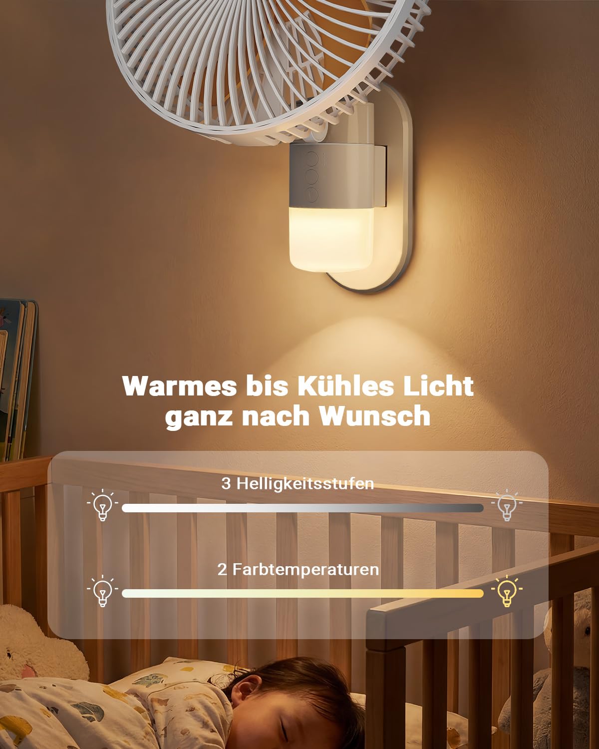 Wandventilator mit Licht 26 cm Fernbedienung 30 dB leise 5,2 m/s Luftstrom Timer 90° Oszillation 4 Geschwindigkeiten 180° neigbar