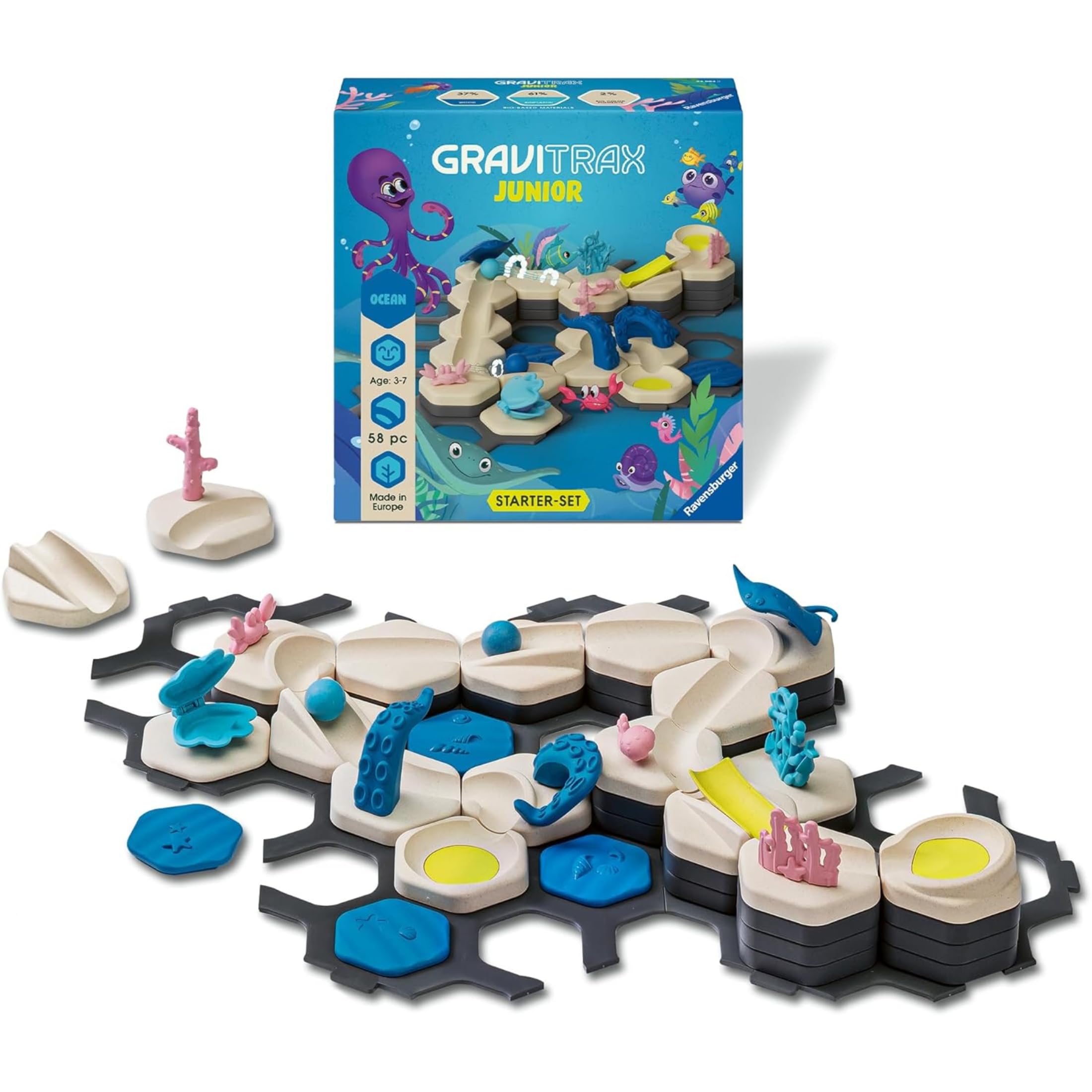 Ravensburger - GraviTrax Junior Ocean Starter-Set, Pista biglie 58 pezzi, Rompicapo bambini, Giochi bambini 3 anni e più, Gioco Interattivo ed Educativo STEM, Compatibile con tutti i GraviTrax