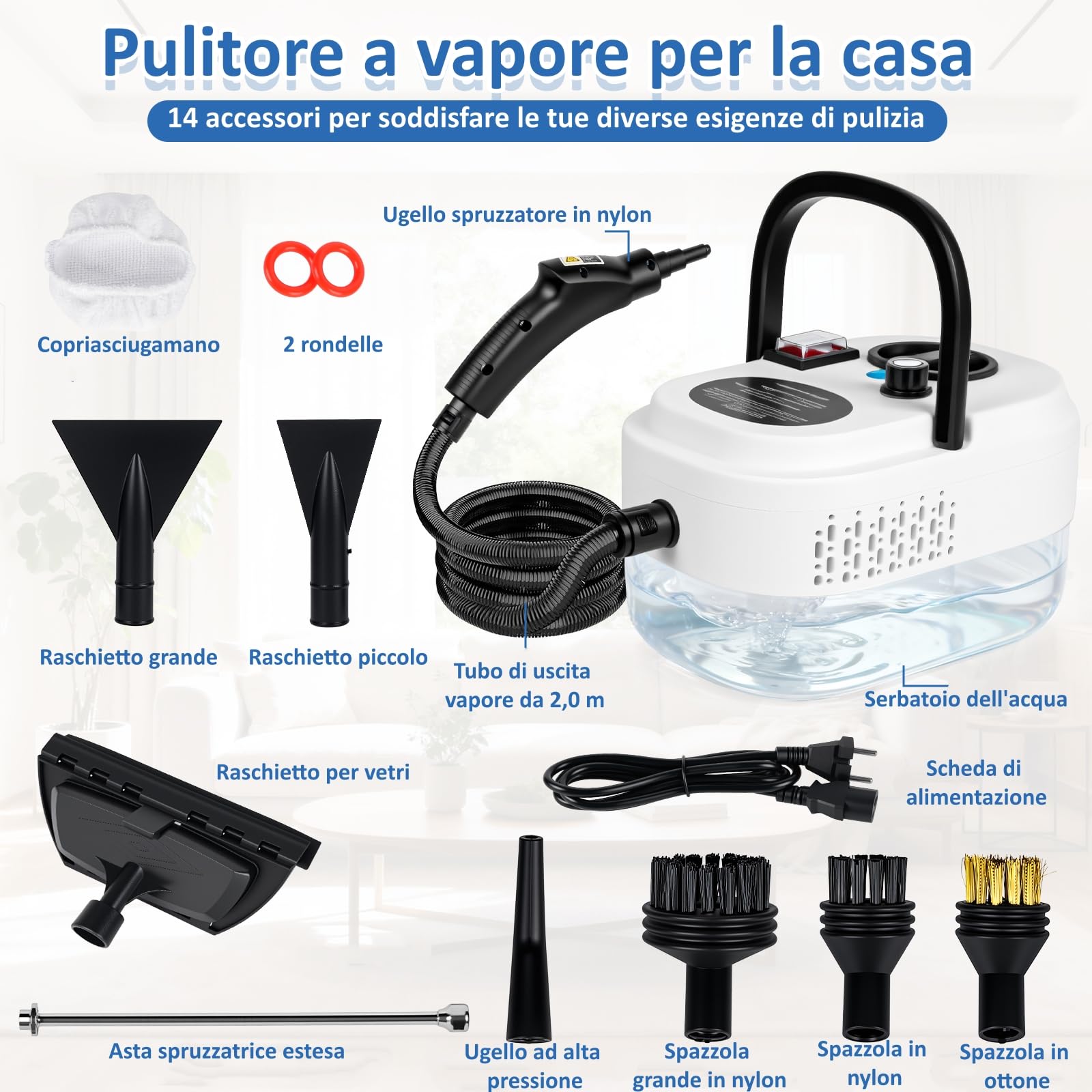 Pulitore a Vapore Portatile 2500W 3.5Bar con Serbatoio 1200ml, 6 Livelli Regolabili, Riscaldamento Rapido 15s, Temperatura 105°C per la Pulizia Casa - Ideale per Pavimenti, Piastrelle, Divani e Auto