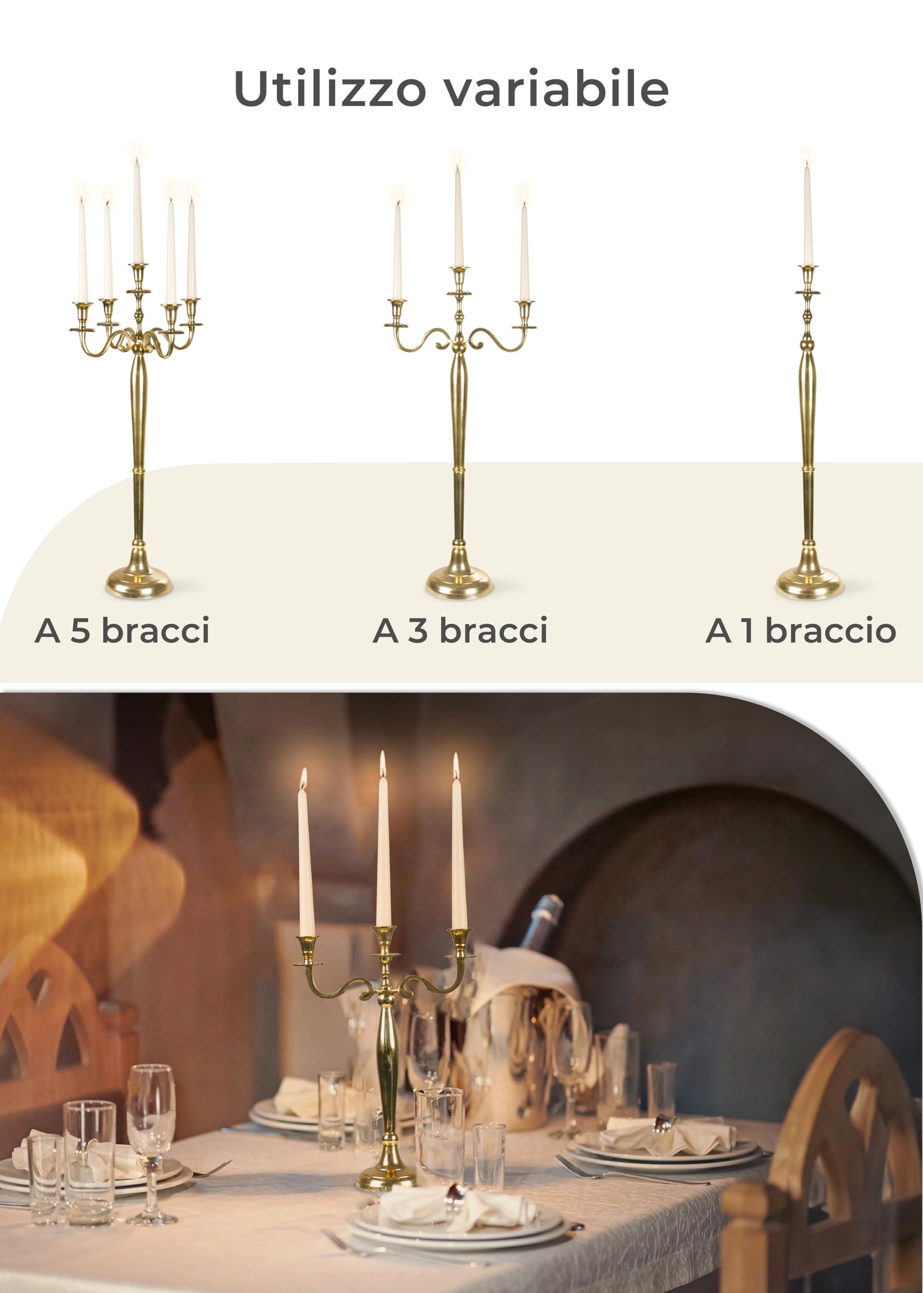 Gräfenstayn Candelabro portacandele 1, 3 o 5 Bracci - Varie Misure - candelabro Color Argento, Nero, Bianco od Oro (XL, Oro)