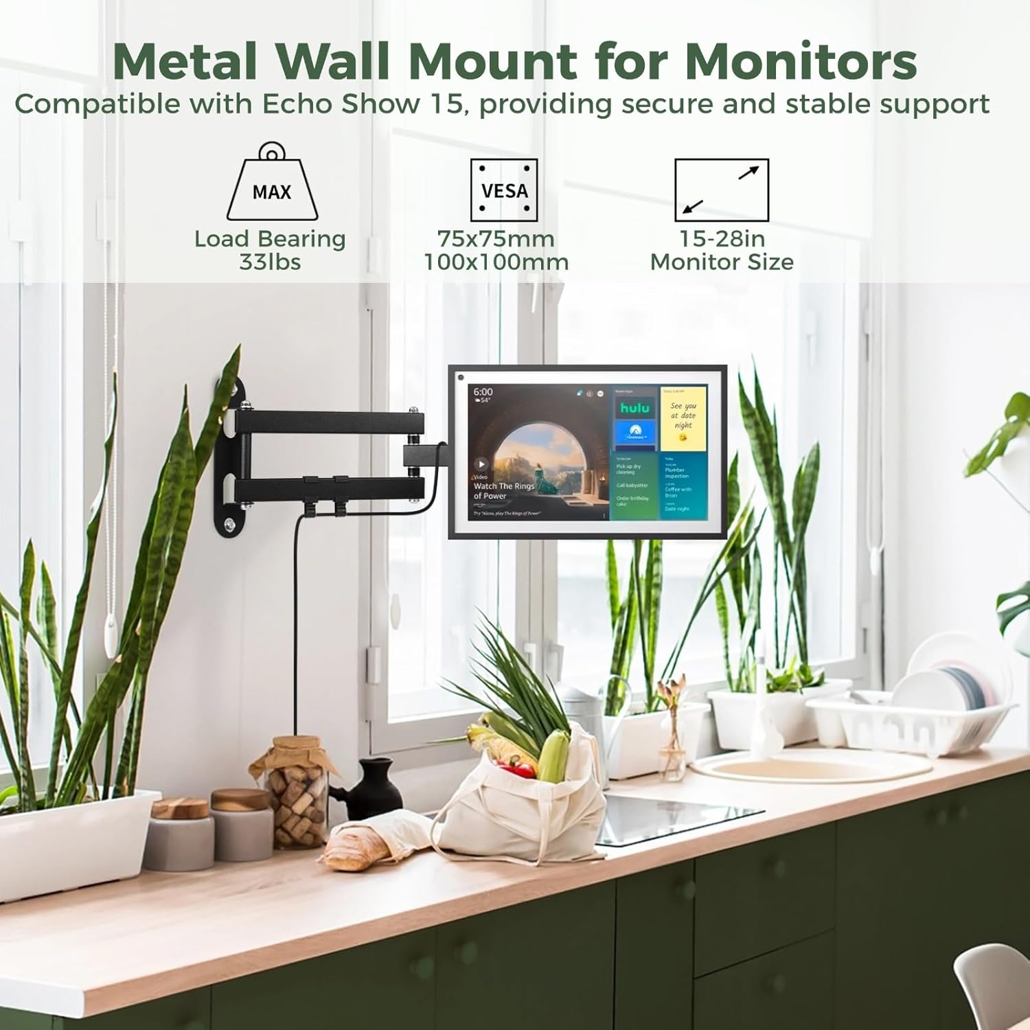 Full Motion Wall Mount for Echo Show 15, Monitor Wall Mounting Bracket for 15-28 Inch Monitors TVs, Swivel and Tilt 360 Rotate Wall Mount for Alexa Echo Show 15, Adjustable and Extendable (Black)