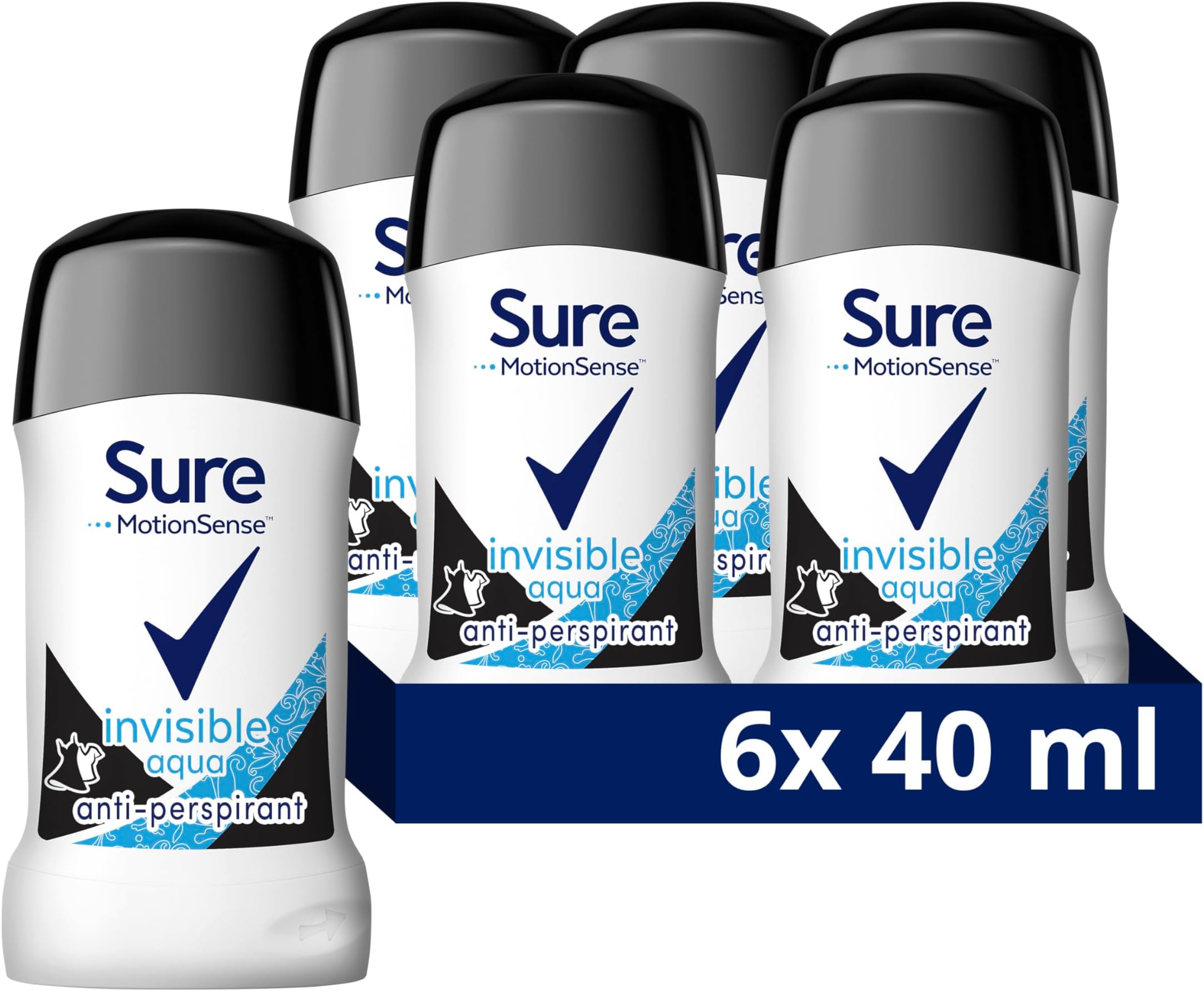 Sure Women Invisible Aqua Antiperspirant Deodorant Cream Stick that protects against white marks and yellow stains with 48 hour protection against sweat and odour 40 ml, Pack of 6