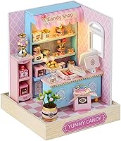 Kisoy Yummy Candy DIY Dollhouse Miniature Kit with Furniture, LED Lights & Dust Cover - Wooden Bookshelf Insert for Teens Adults