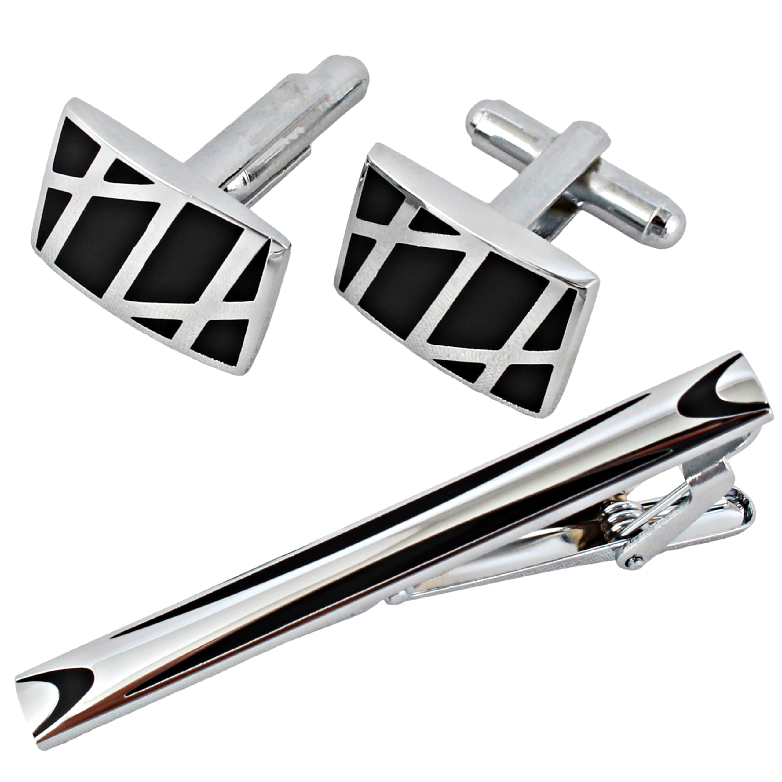 Men Jewelry Silver Plated Black Color Cufflink Formal Sleeve Button Cuff Shirt Button, Suit, Blazer Cufflinks and Tie Pin Combo Gift Set For Men (610-CHC5-1005-S)-image-25