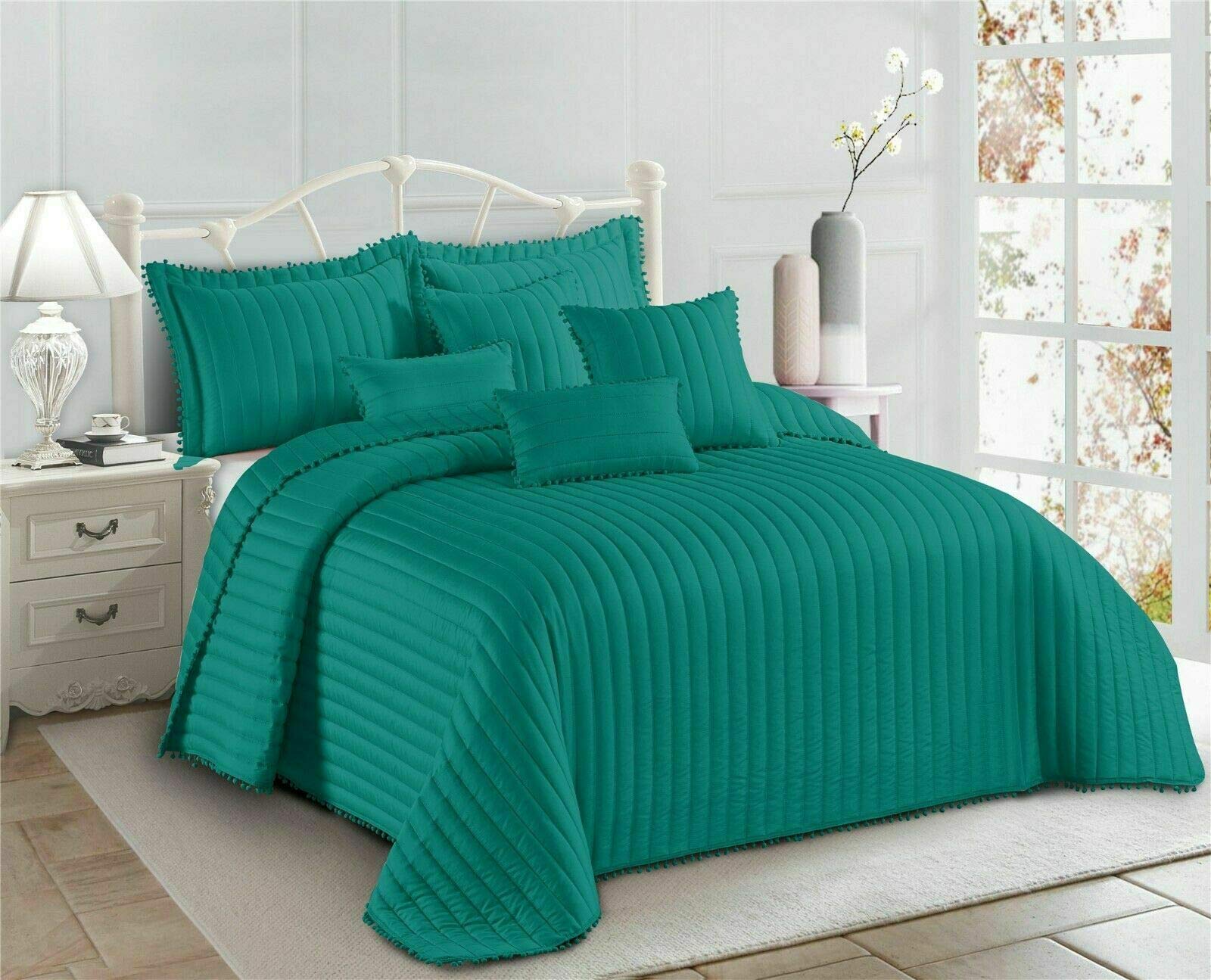PRIME LINENS 3 Piece Quilted Bedspread Embossed Pattern Comforter Bedding Set Bed Throw with Pillow Shams (Pom Pom Teal, King)