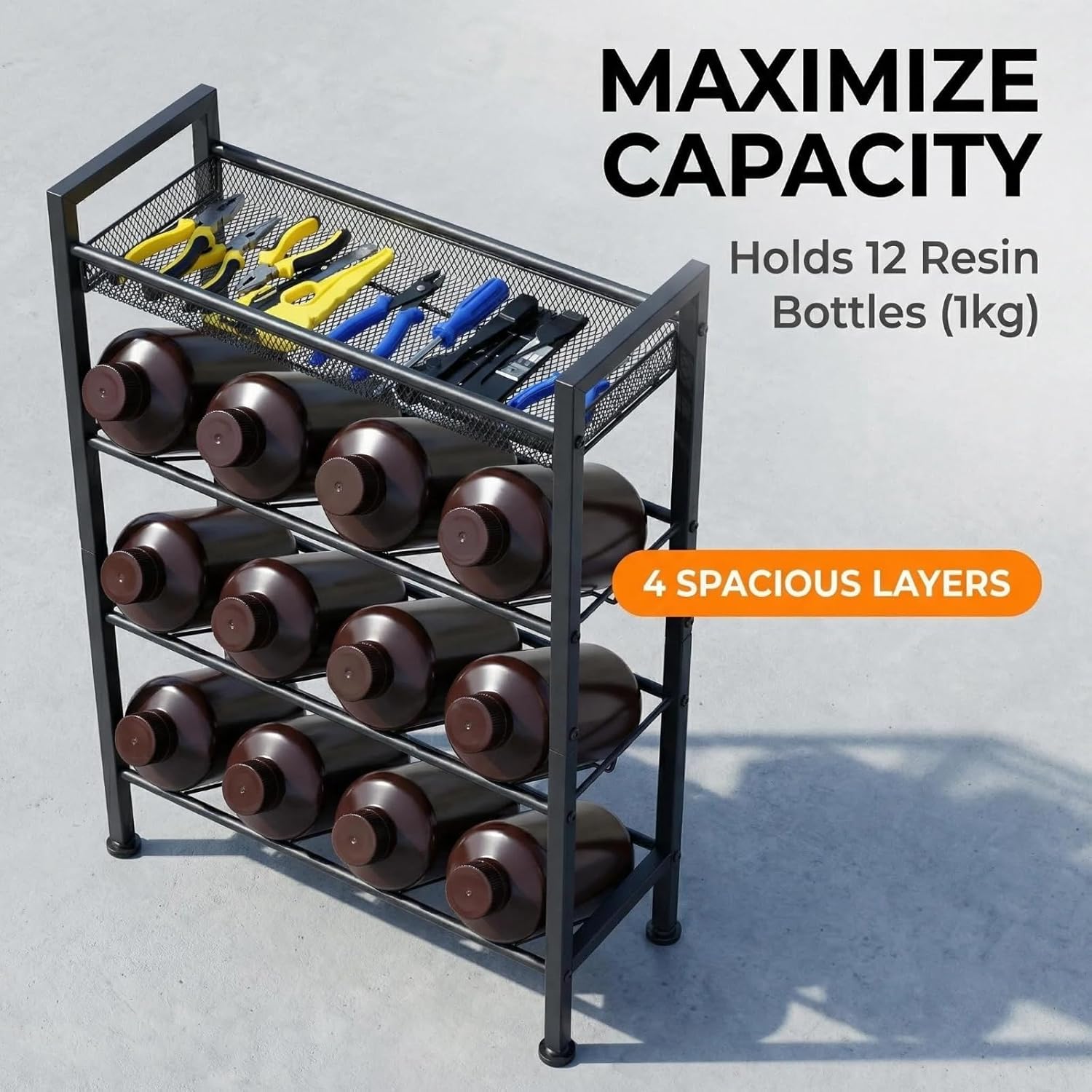 3D Printer UV Resin Bottle Storage Rack, 4 Tier Carbon Steel Grid Design Heavy Duty Holder, Holds 12 Resin Square or Round Bottles (1kg),Shelf Organizer for 3D Printing Home Studio