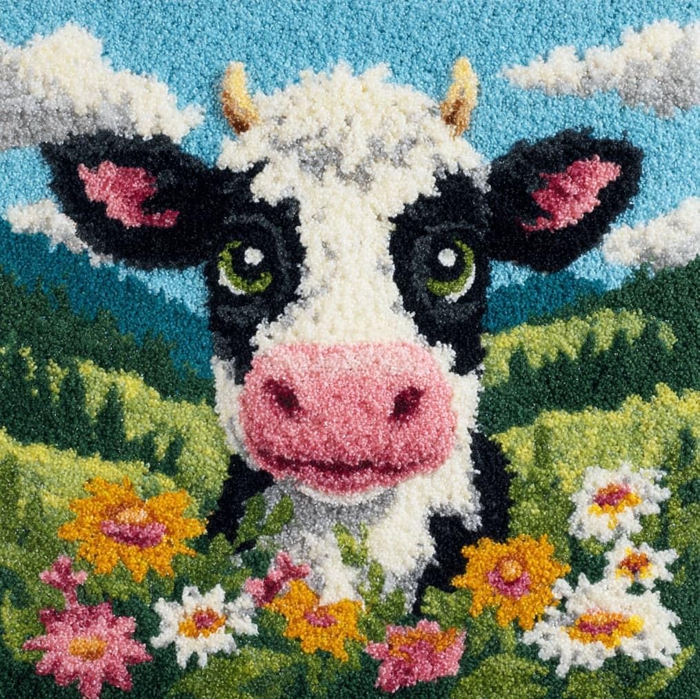 AxiangziK Latch Hook Pillow Kits for Beginners,Cows and Flowers