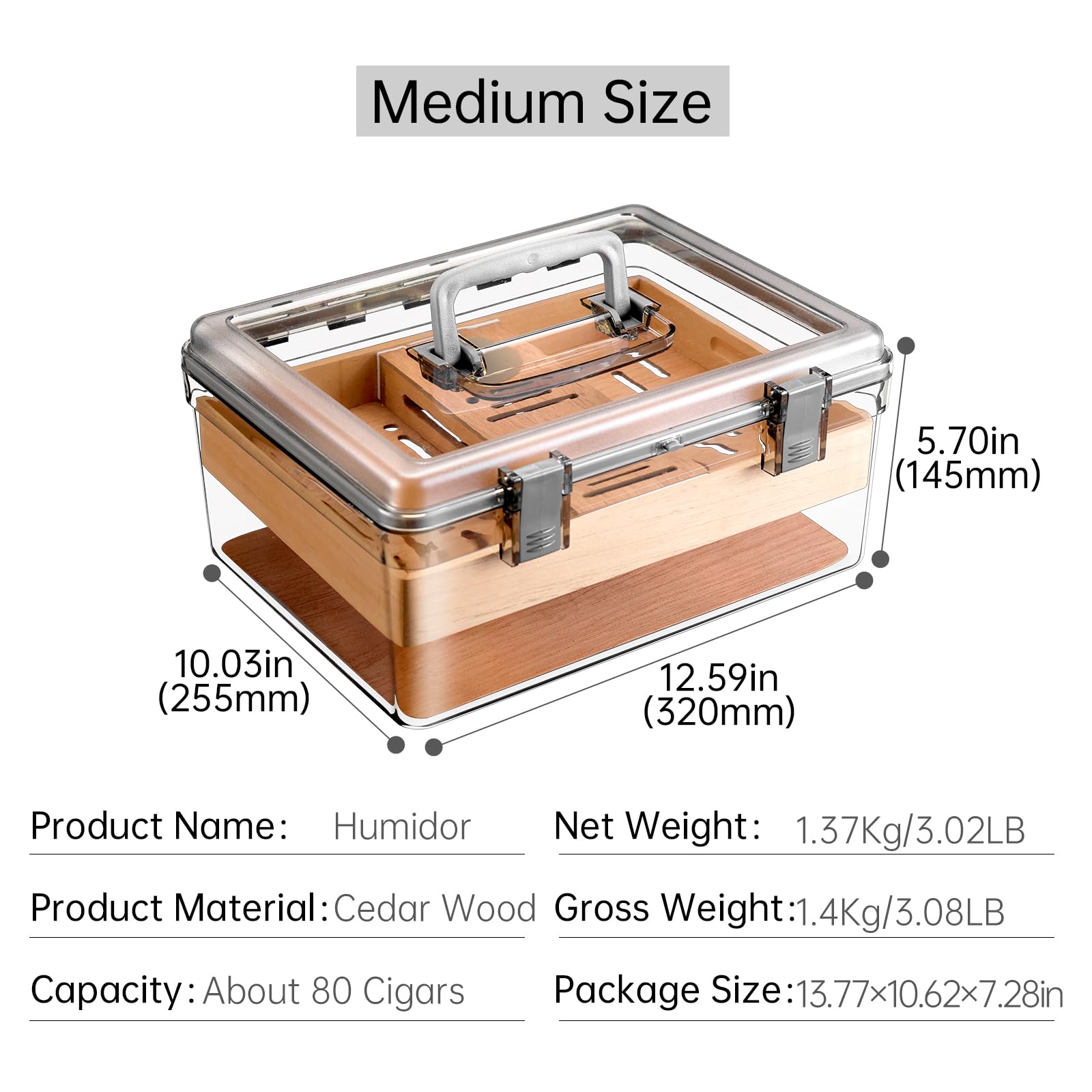 Acryl Zigarren Humidor Set mit Luftbefeuchter und Hygrometer, transparenter Humidor Fall Eingebautes Zedernregal, tragbarer Desktop Humidor Box Lagerung für etwa 80 Zigarren (Medium)
