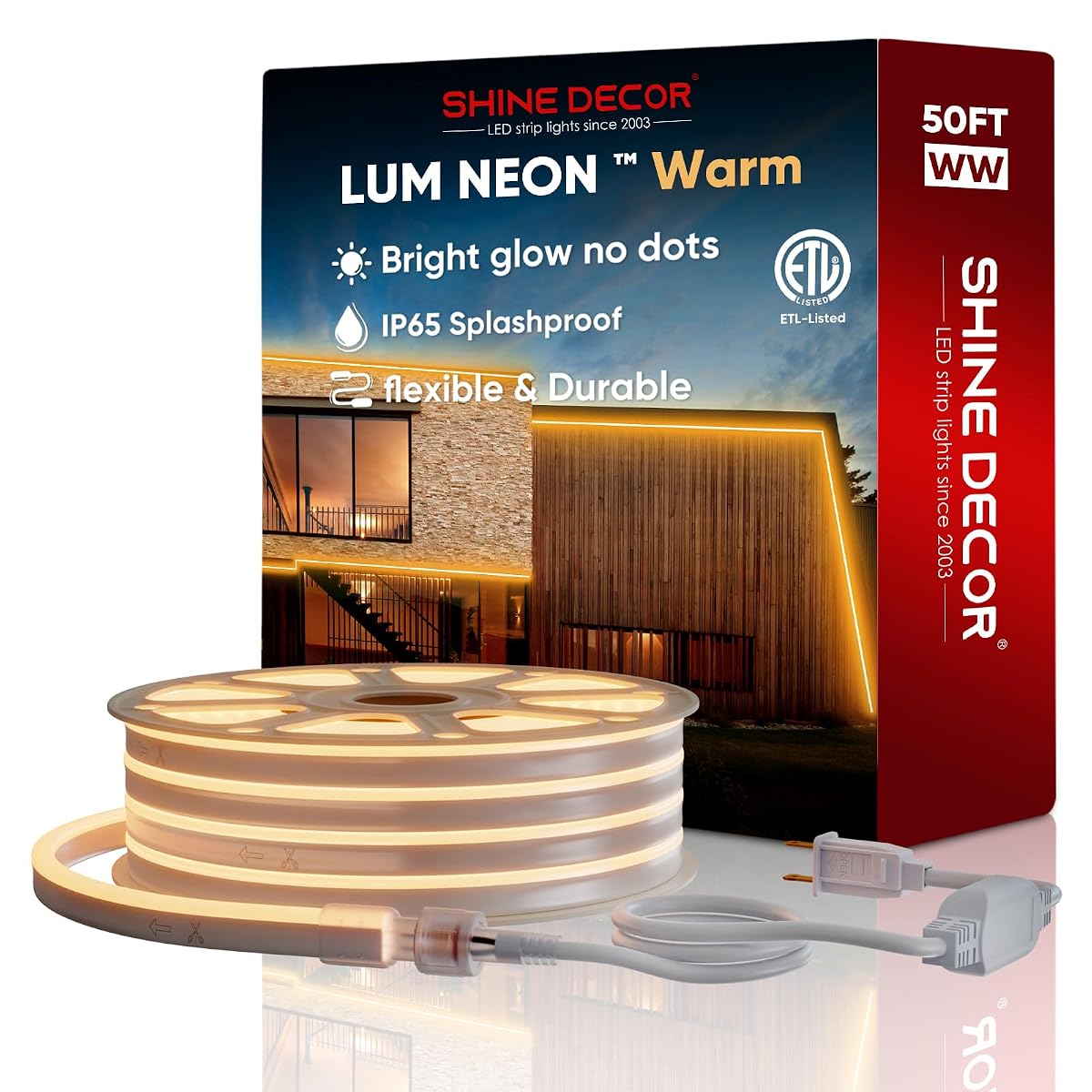 Shine Decor 50Ft Led Neon Rope Lights, 2500K Warm White, Waterproof Smd2835,