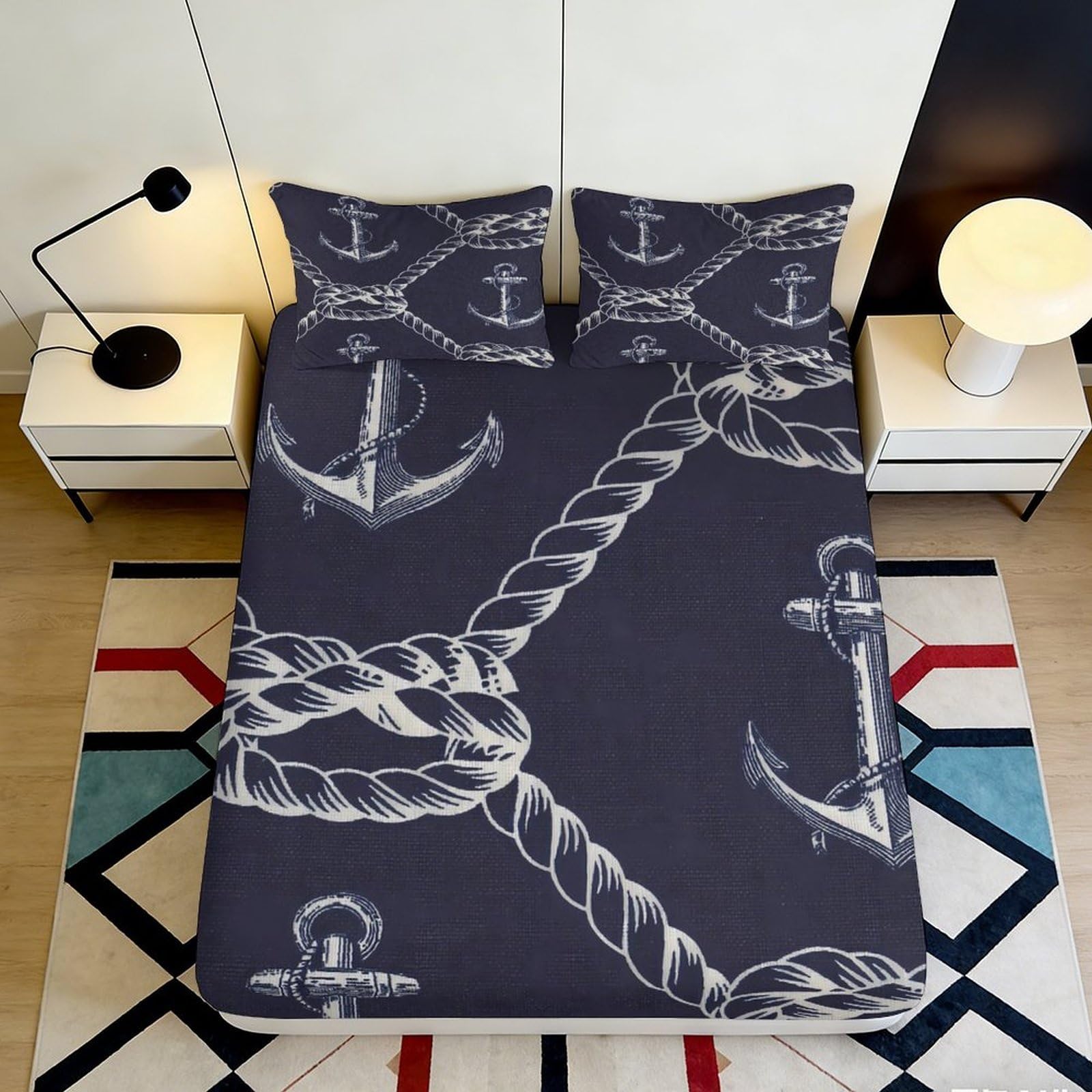3D Printed Nautical Anchor Fitted Sheet Microfiber Soft Navy Rope Bed Cover Bedroom Decor Mattress Protection 90x200x25cm