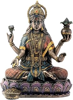 Bronze Hindu Goddess Lakshmi On Lotus Hinduism Display Statue