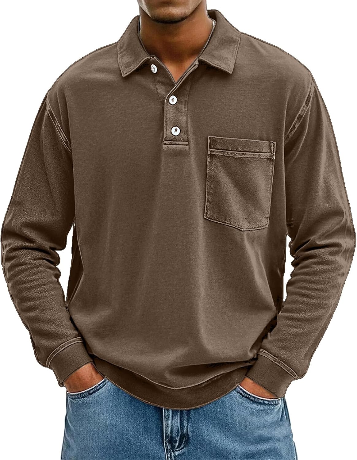 Men's Long Sleeve Polo Shirt Classic Fit Vintage Washed Pullover Shirts Casual Lapel Button Up Distressed Tee Top