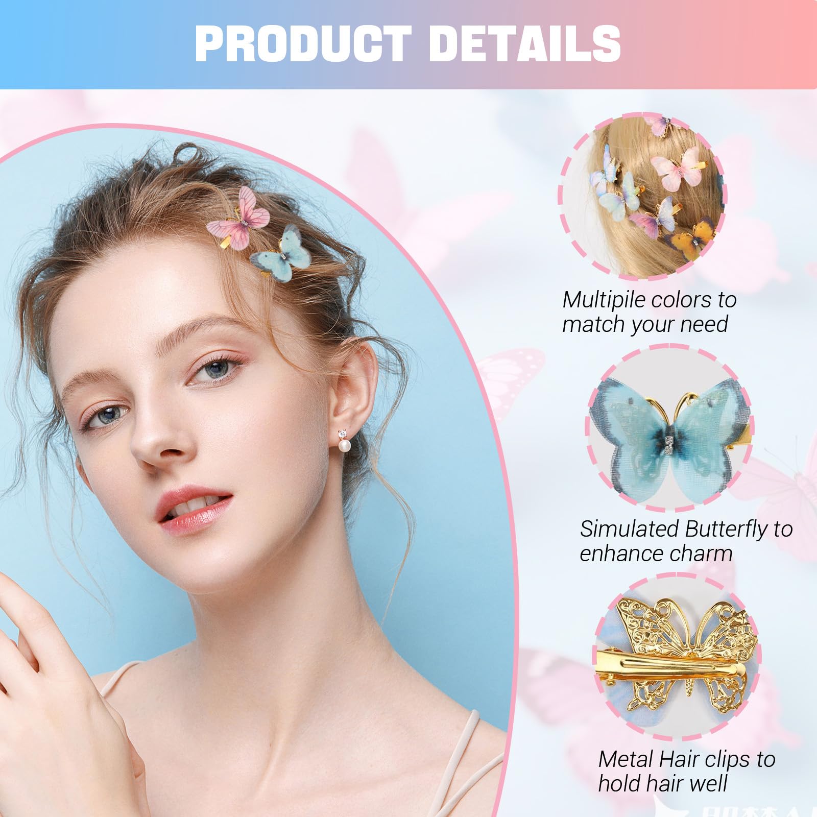 24PCS Butterfly Hair Clips, Y2K Glitter Hair Jaw Clips, Rhinestone Realistic Butterfly Metal Hair Clips - Image 3