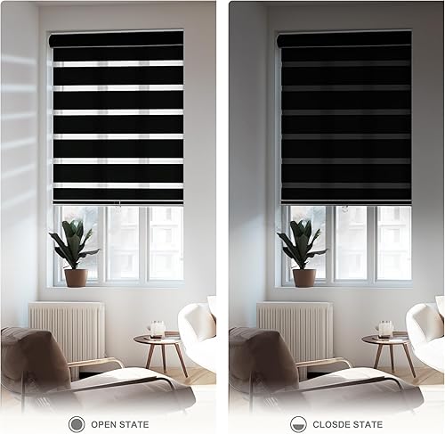 Miniatura 6 de Boolegon Persianas sin cordones de cebra para ventana, persianas enrollables con filtro de luz, doble capa transparente o privacidad, control de