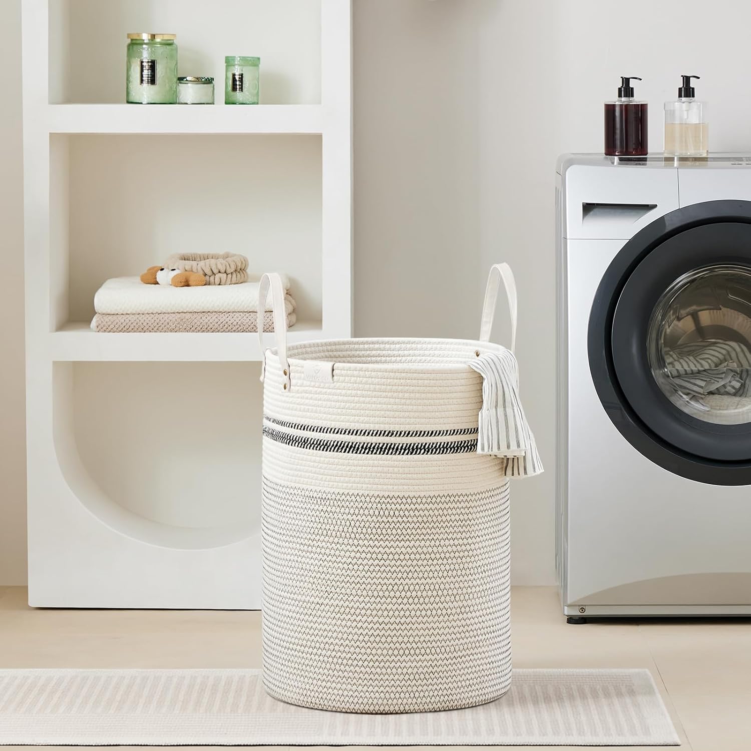 VIPOSCO Tall Laundry Basket, Large Dirty Clothes Hamper with Leather Handle, Woven Rope Storage Basket for Blanket, Toy In Living Room, Bathroom, Bedroom - 72L Stripe White