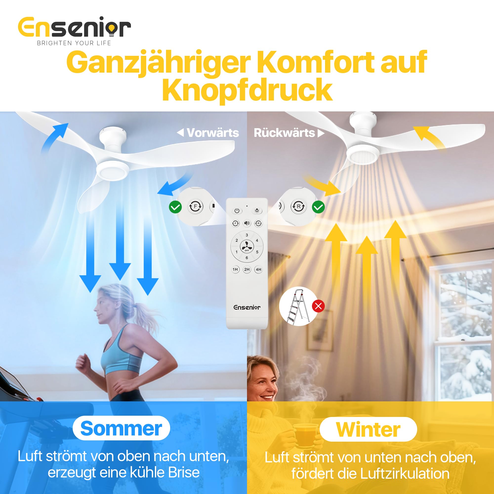 Ensenior Deckenventilator mit Beleuchtung 132cm, Leiser DC-Motor, 6 Geschwindigkeiten & 3 Lichtfarben, Deckenlampe mit Ventilator Fernbedienung für Schlafzimmer Wohnzimmer - Weiß