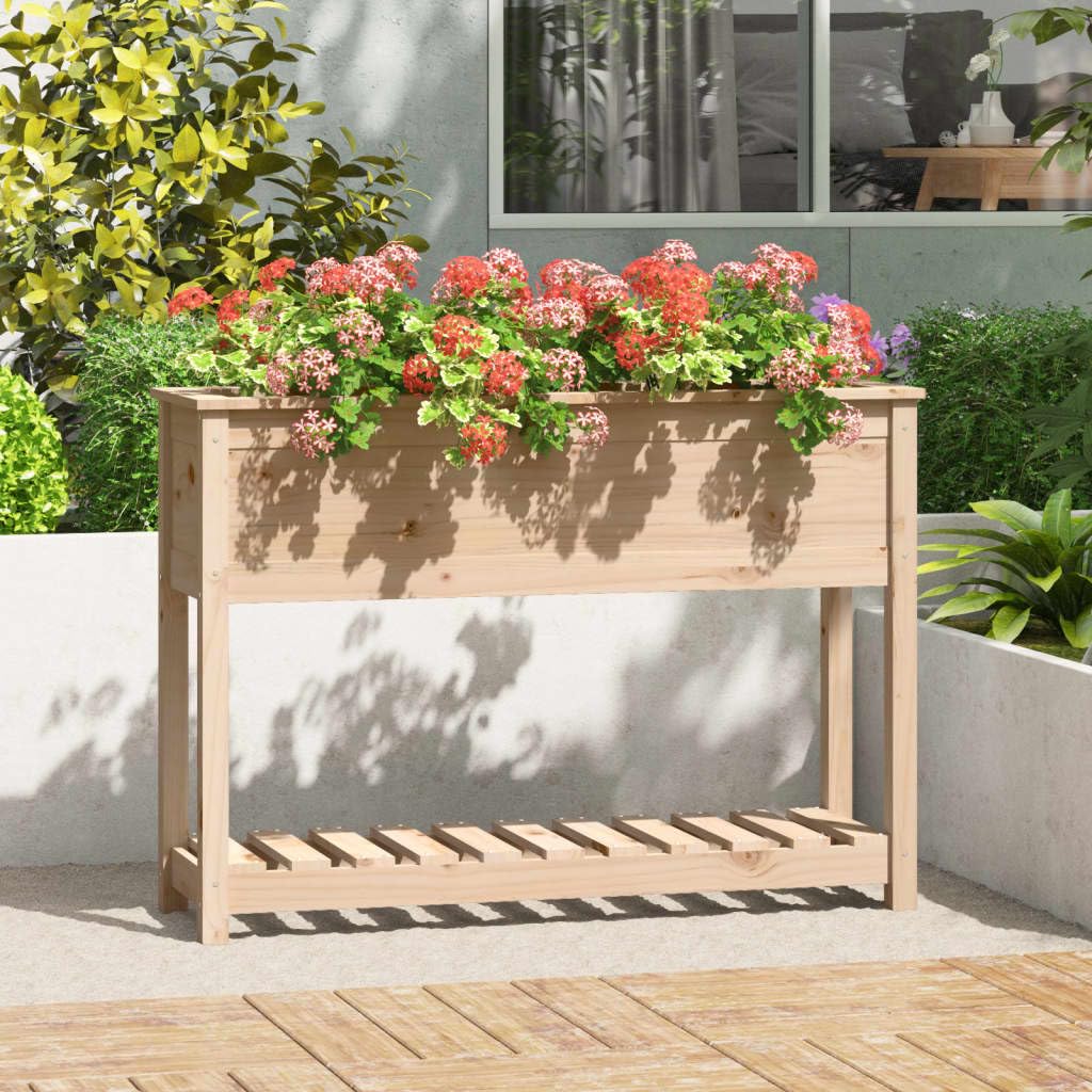 Skrzynka na kwiaty z półką z litego drewna sosnowego 111,5 x 34,5 x 81 cm na balkon i patio, duża doniczka na nasiona, solidna i stabilna konstrukcja, ergonomiczna wysokość, idealna do ogrodu