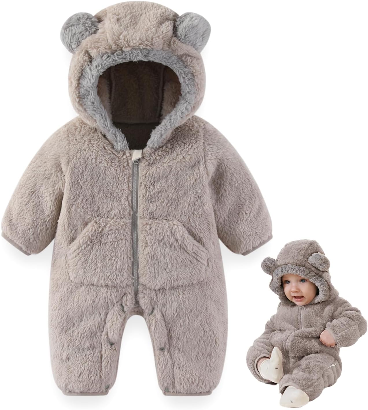 XIFAMNIY Newborn Winter Snowsuit Baby Bear Outfit Fleece Warm Jumpsuit Outwear Romper Clothes for Infant Girls Boys