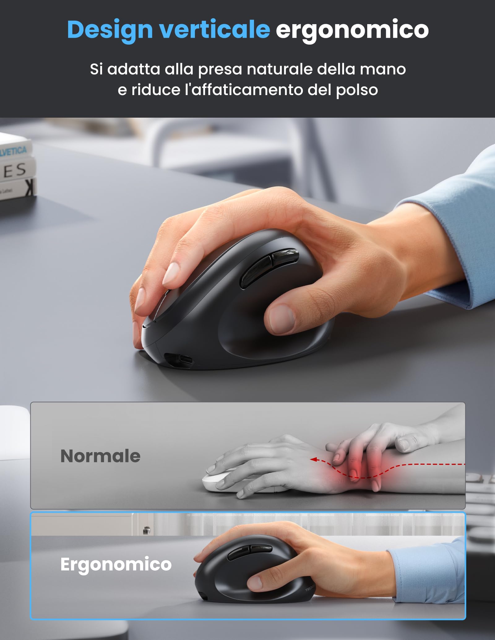 TECKNET Mouse Verticale, Mouse Bluetooth Ergonomico Ricaricabile, Multi-dispositivo (BT5.0/3.0 + 2.4G), 4800 DPI, Clic Silenziosi, 6 Pulsanti Per PC, Computer Portatile, Mac - Nero