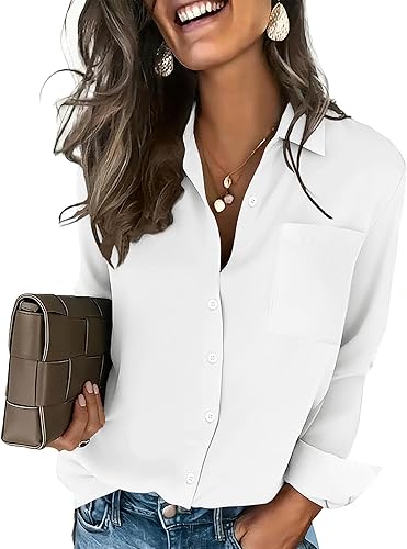 HOTOUCH Camisas con botones para mujer, blusa de manga larga, elegante, casual, para negocios, trabajo, con bolsillo