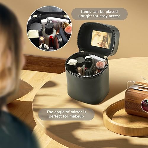 Miniatura 2 de Bolsa de maquillaje con espejo, bolsa de viaje para cosméticos, organizador de maquillaje portátil, bolsas de maquillaje negras para mujeres, Negro