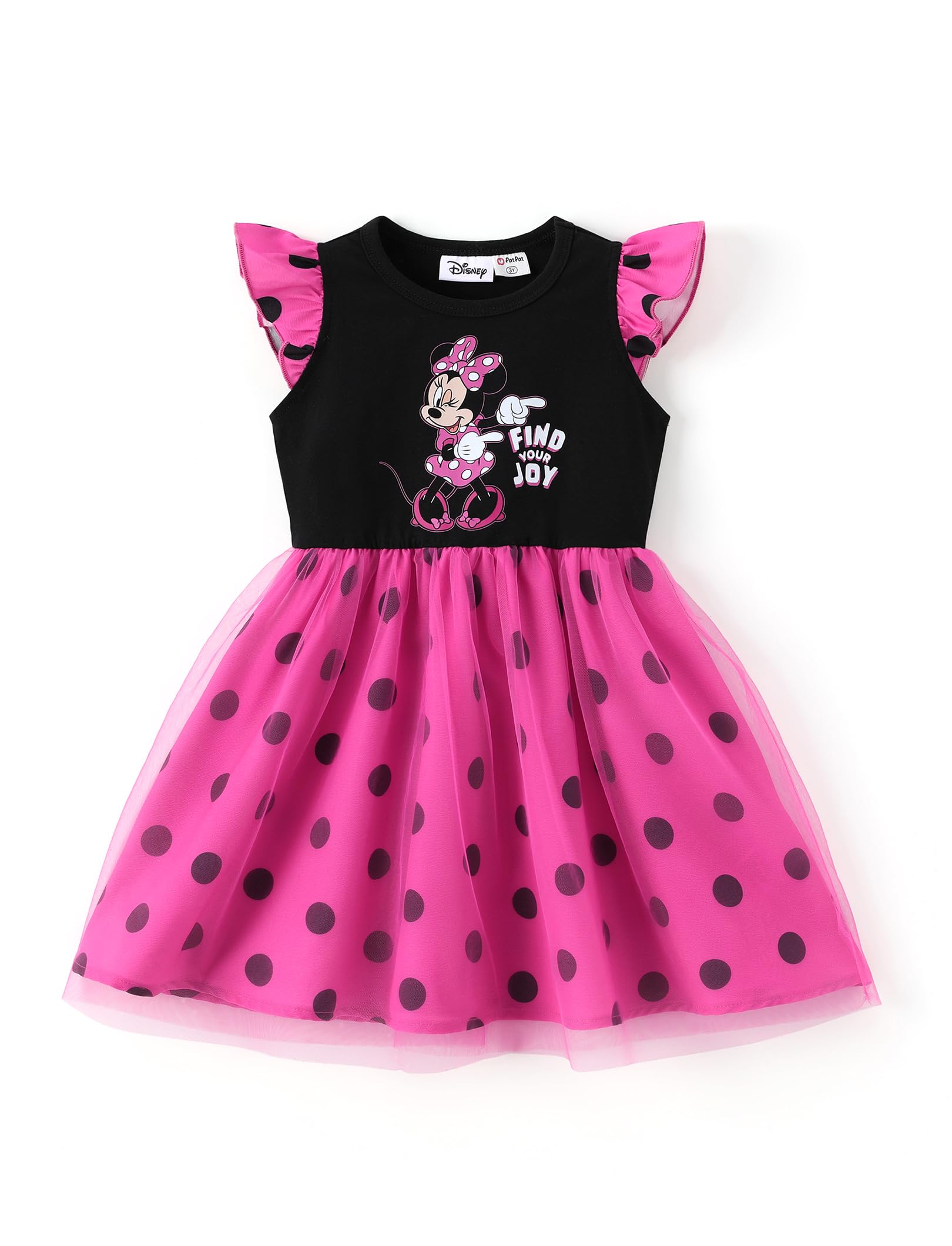 Disney Minnie Mouse Toddler Girl Dress Hot Pink Polka-Dot Tulle Summer Clothes Flutter-Sleeve Outfit Sweet School Party Birthday Sundress 5-6 Years