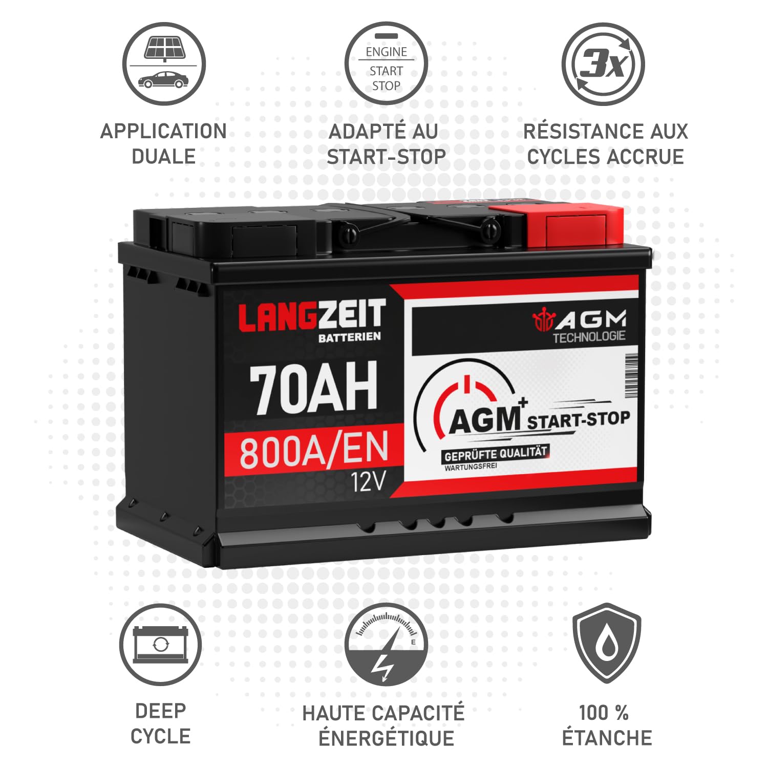 LANGZEIT batterie voiture 70Ah 12V AGM auto start-stop VRLA remplace 75Ah