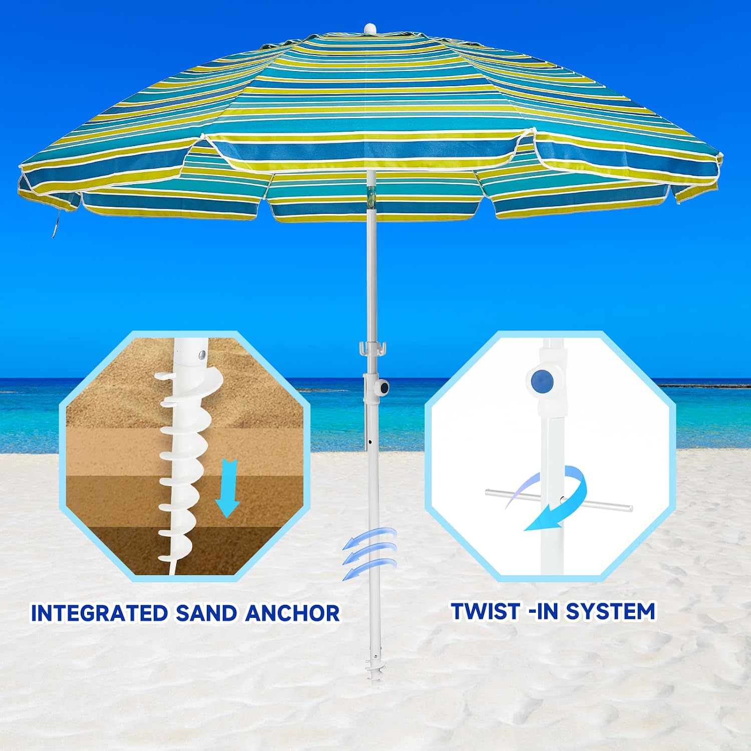 6.5ft Outdoor Beach Umbrellas UV 50+ Protection Windproof Portable Patio Umbrella for Sand Heavy Duty Beach, Garden Sunshade Umbrella with Push Button Tilt, Sand Anchor (Blue Green Stripe)