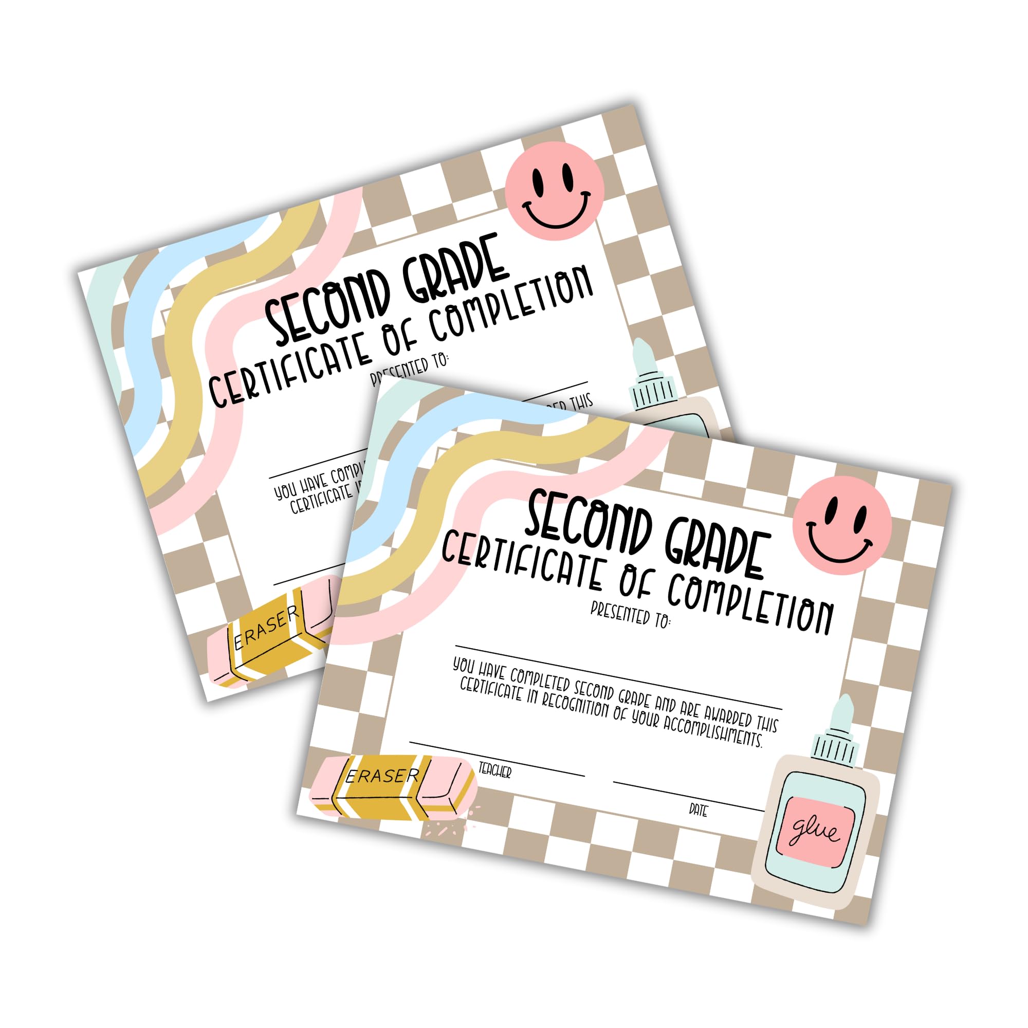 Lashicorn 2nd Second Grade Graduation Certificate of Completion Award 30pk 8.5x11” End of Year Hand Out Tan Neutral Checkered Modern 90’s Smiley Faces Friendship Bracelets