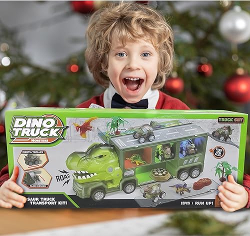 Miniatura 5 de OSQI Camión de dinosaurio 25 en 1 con 5 autos de dinosaurio de tracción hacia atrás, catapulta, 12 figuras de dinosaurios, tobogán y huevos, camión