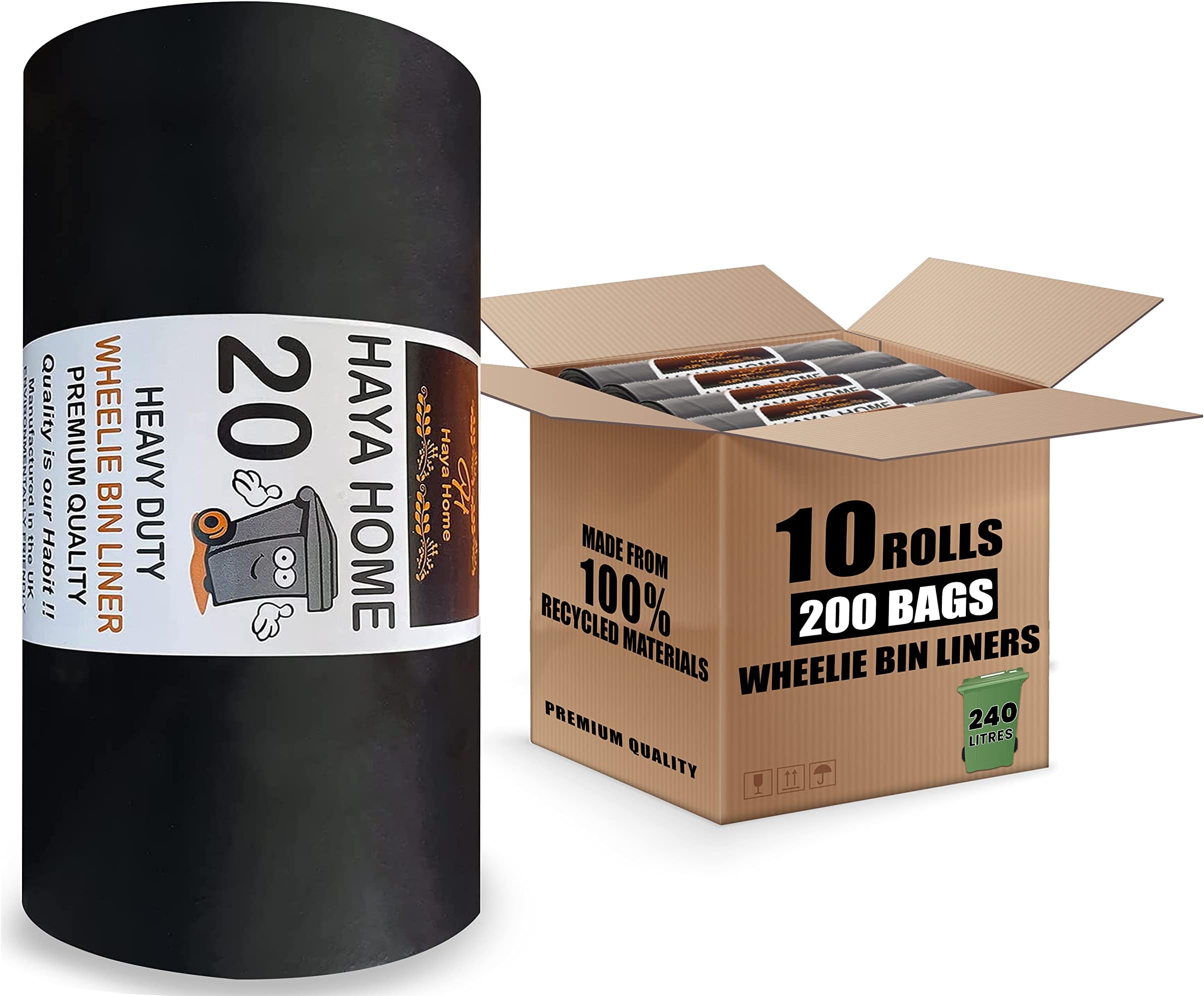 Wheelie Bin Liners 240L by Haya Home – 200 Extra Strong Black Refuse Sacks | Heavy Duty Trash Bags for Garden, Kitchen, Home, Office, Industrial, Outdoor, Commercial Use | 100% Recycled Material