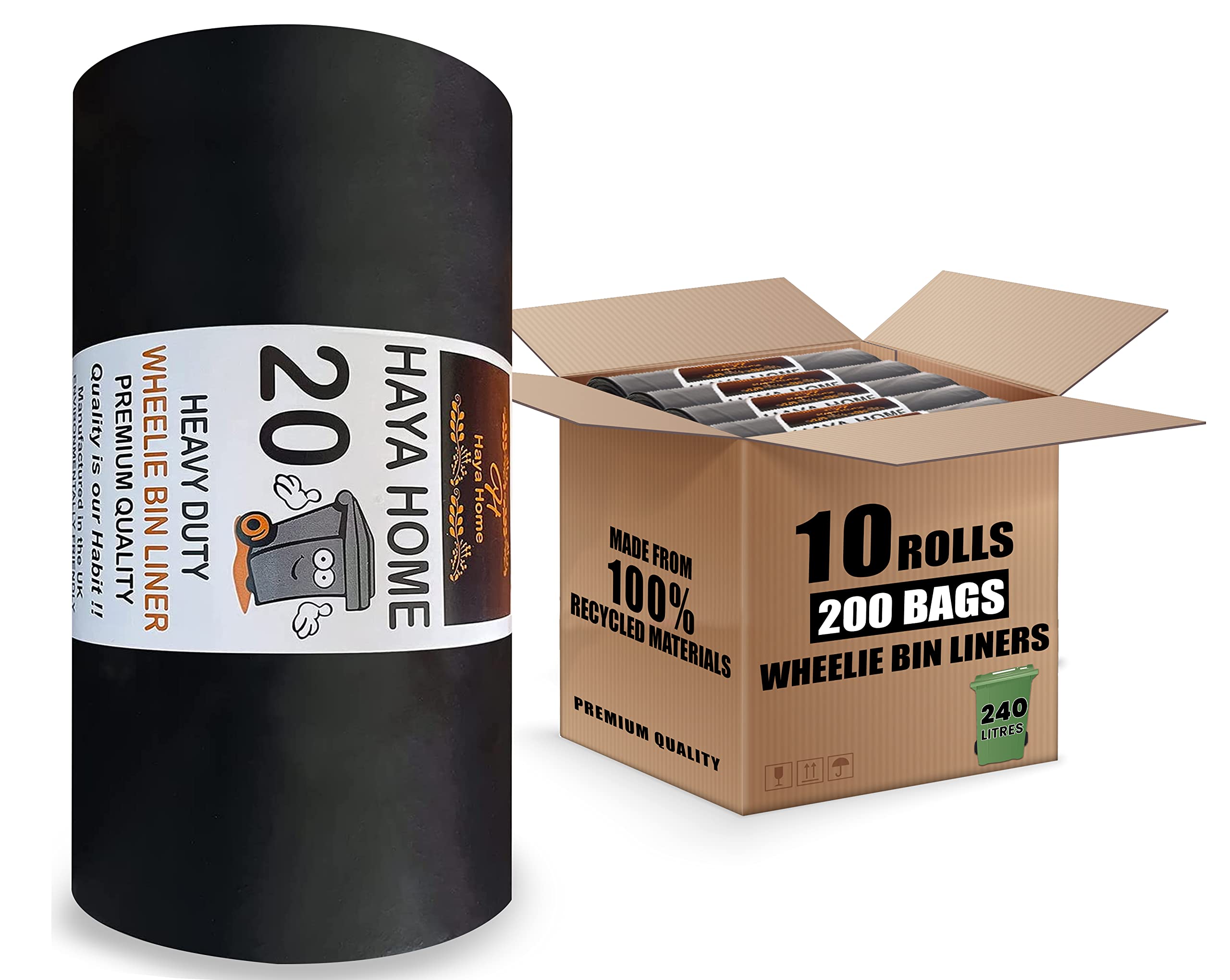 Wheelie Bin Liners 240L by Haya Home – 200 Extra Strong Black Refuse Sacks | Heavy Duty Trash Bags for Garden, Kitchen, Home, Office, Industrial, Outdoor, Commercial Use | 100% Recycled Material