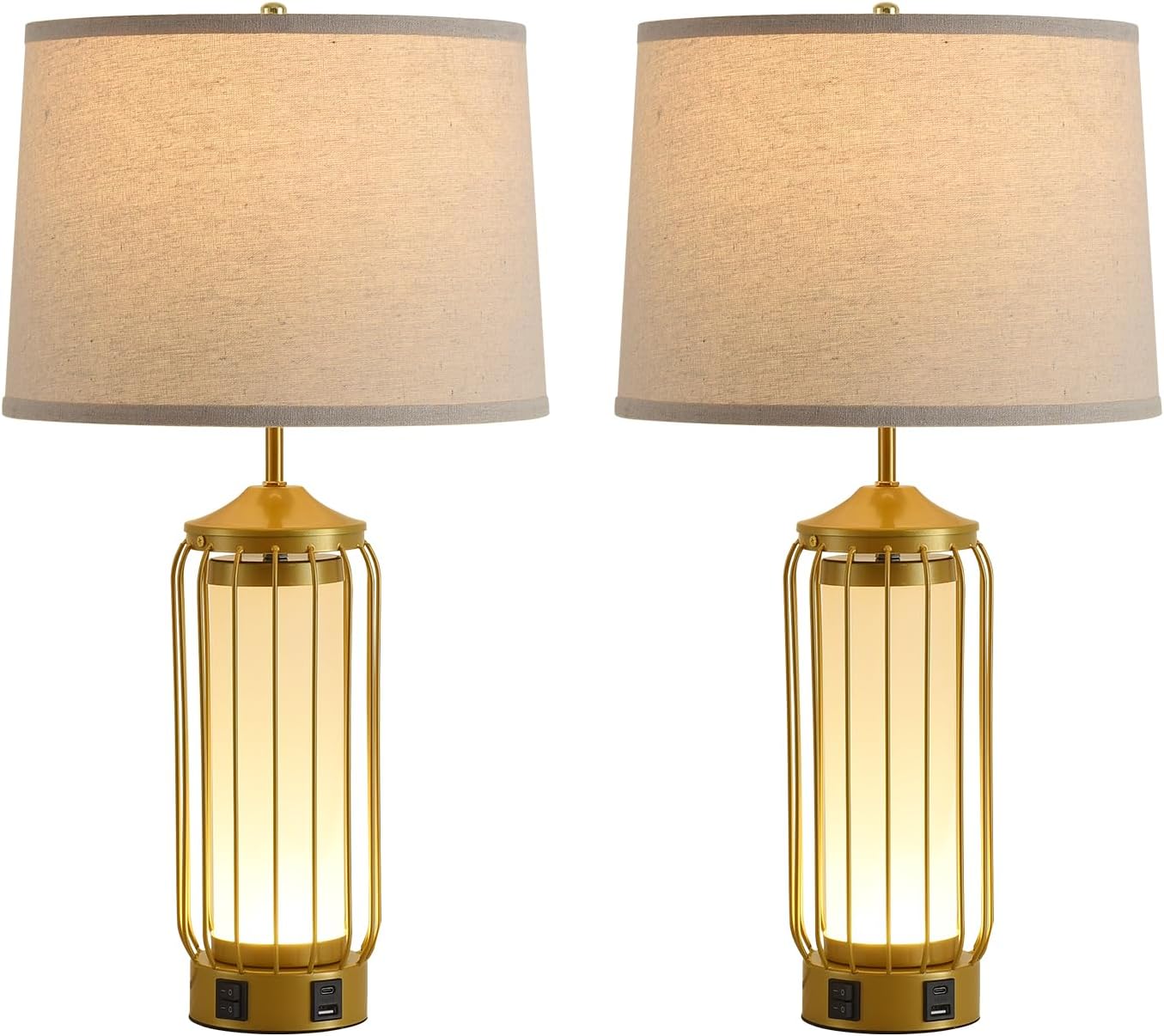 xiaojuande-Set of 2 Farmhouse Lamps for Living Room, Rustic Vintage Bedroom Nightstand Gold Table Lamp with 2 USB Charging Ports, Built-in Frosted Glass Night Light for End Table Entryway