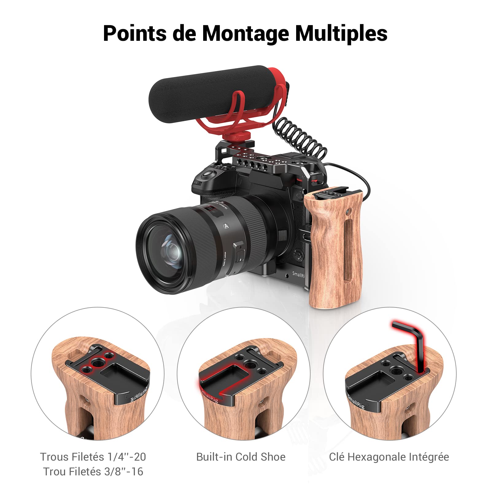 SMALLRIG Poignée en Bois avec Fixation Cold Shoe, Poignée Latérale Ajustable pour Camera DSLR Cage - 2093C