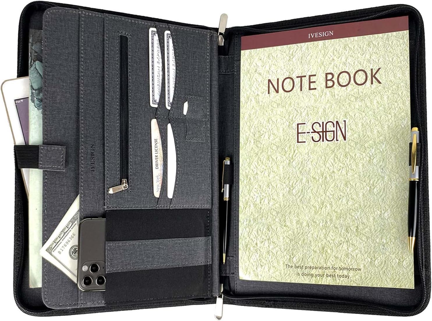 IVESIGN PU Leather Padfolio with Double Zipper, 10.1" Tablet Sleeve, Card Slots & Writing Pad - Multi-Functional Portfolio Binder for Documents,