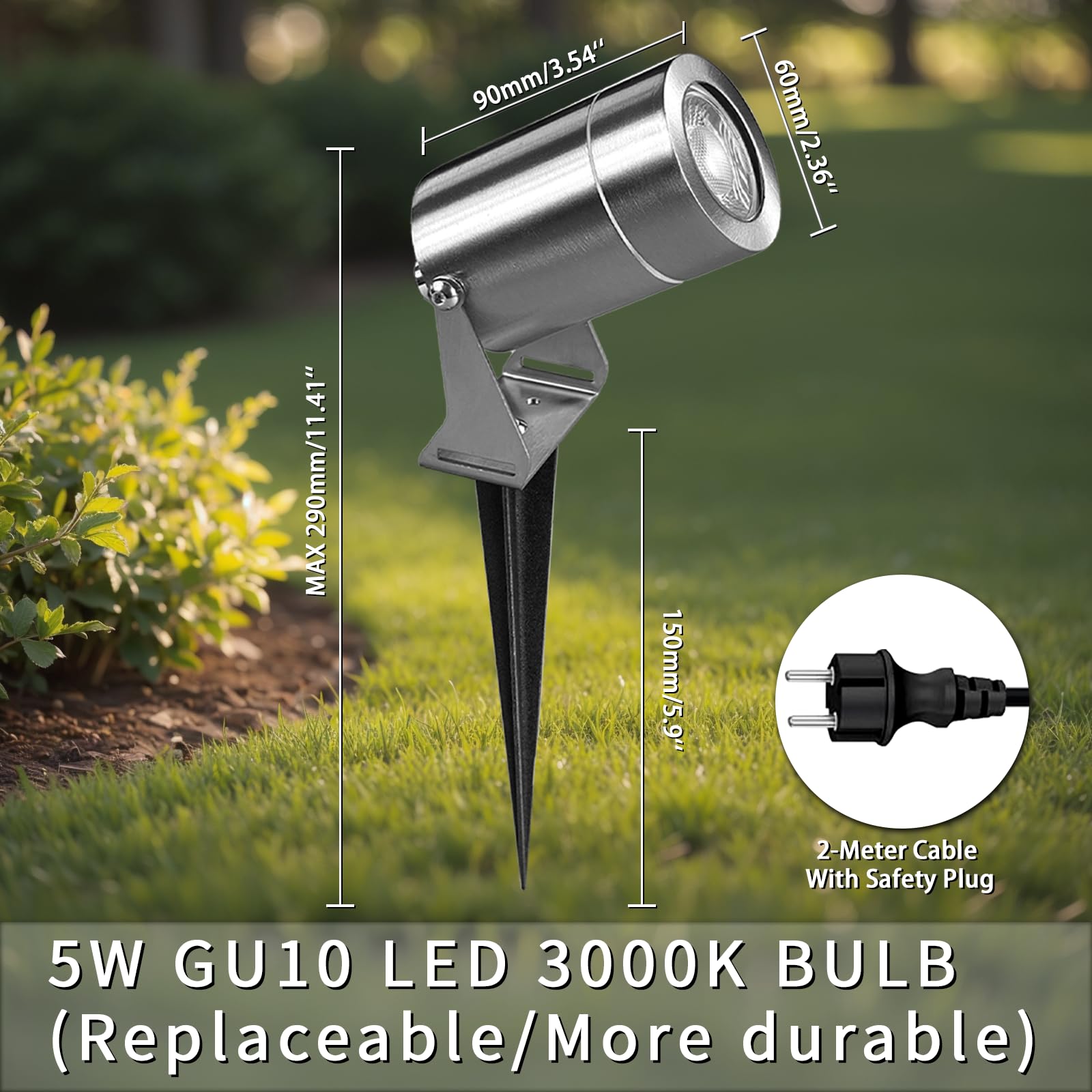 JNR Edelstahl LED Gartenbeleuchtung mit Strom und Erdspieß, Silber 4 Pack | IP65 Wasserdicht Gartenlampen für Draußen Strom mit 2M Kabel mit Stecker, Gartenleuchten 5W GU10 3000K Warmweiß Glühbirne