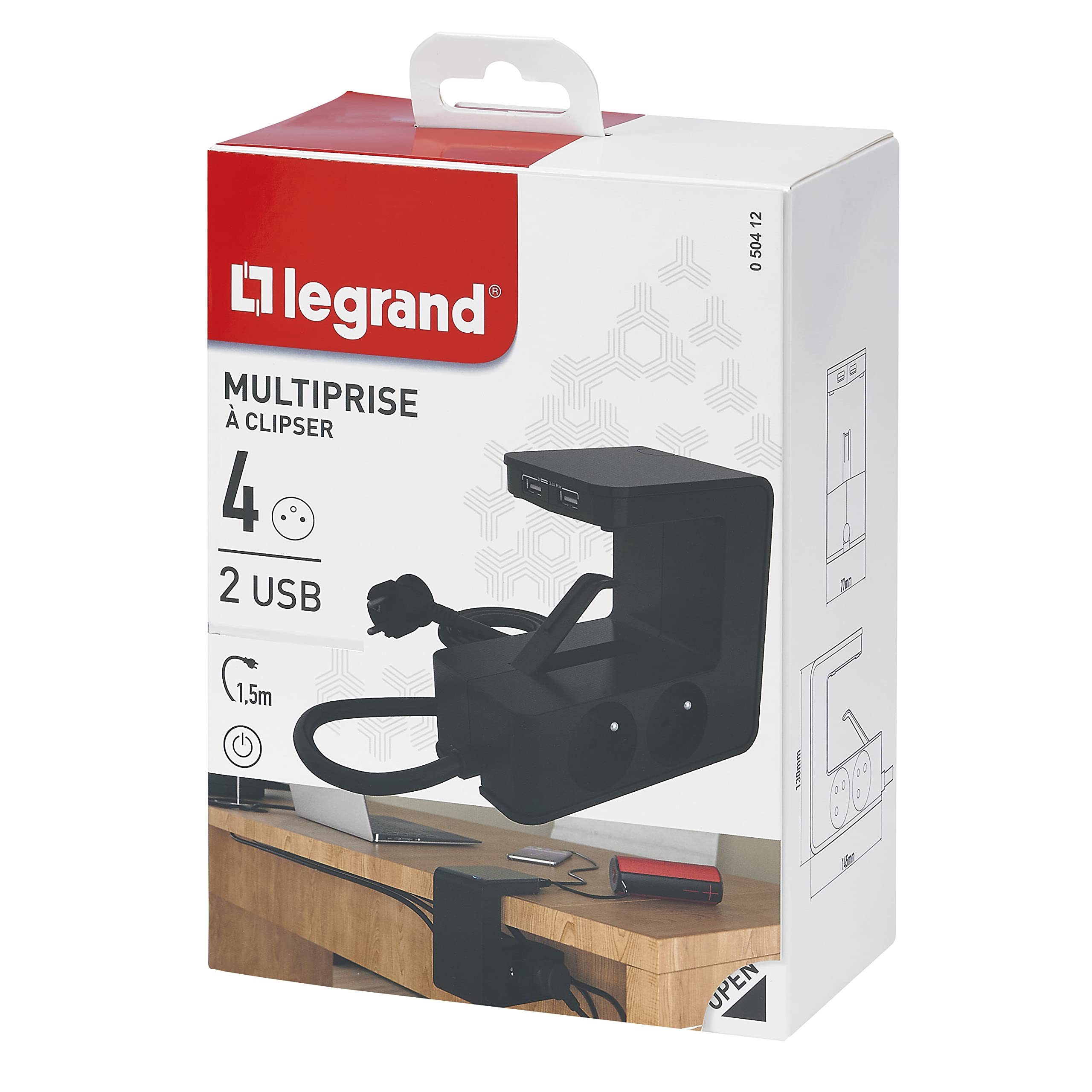 Legrand - Przedłużacz zaciskowy 4 gniazdka elektryczne i 2 ładowarki USB Typ-A - czarny