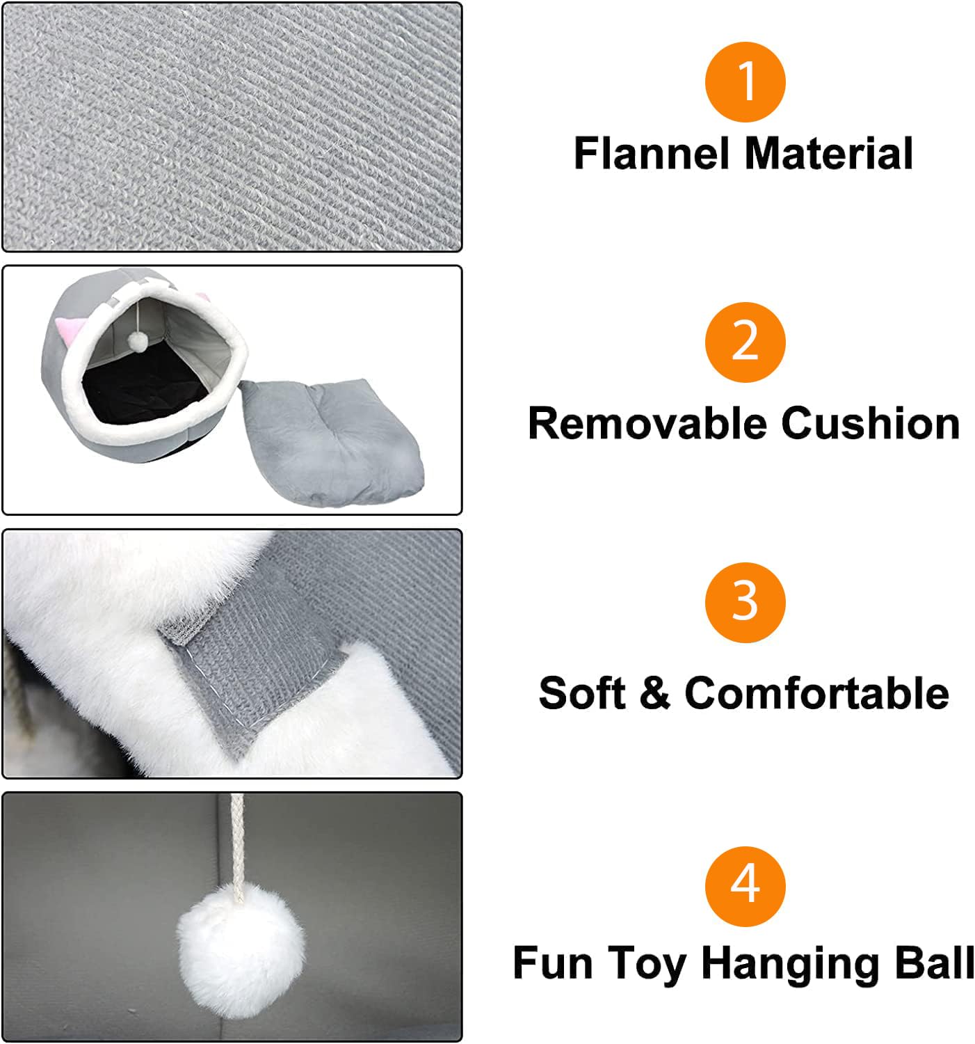 سرير للقطط على شكل كهف مع قاعدة مضادة للانزلاق، 45×42×40 سم، مناسب لجميع القطط والكلاب الصغيرة، سرير مزود بوسادة قابلة للإزالة والغسيل، سرير ناعم ومريح مع لعبة معلقة، مثالي للقطط والجراء