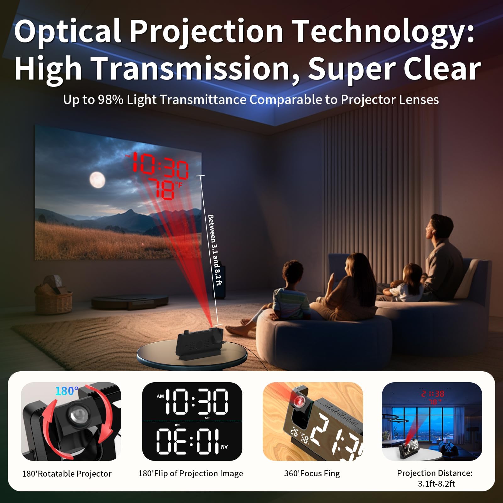 Reloj despertador de proyección para dormitorio, reloj digital de cara de espejo con proyector de 180° en la pared del techo, regulador de intensidad de 3 niveles, puertos de carga USB, alarma dual