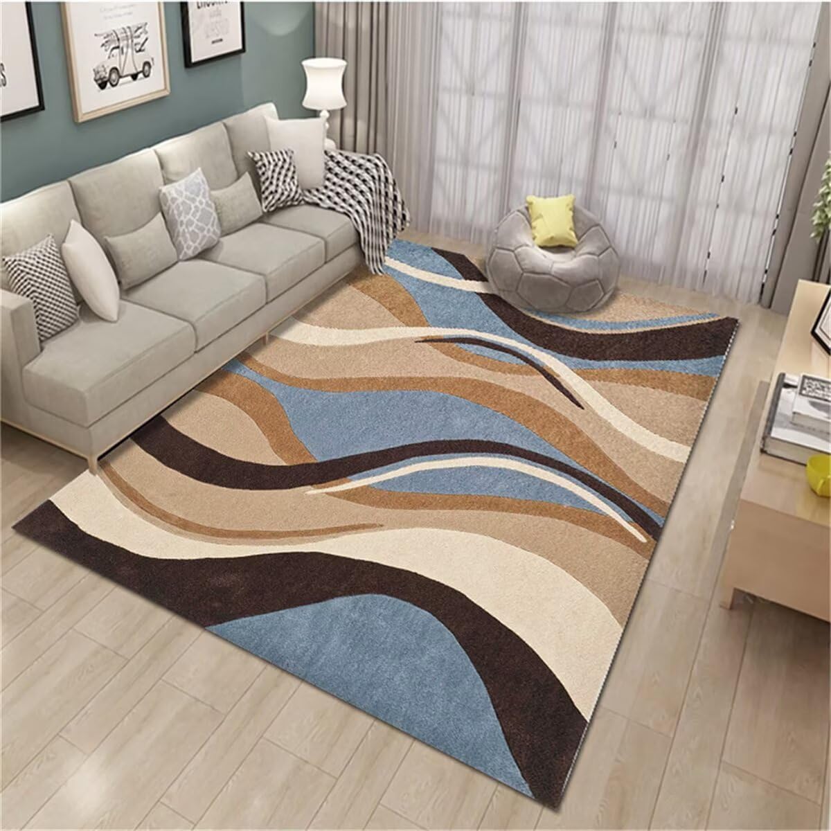 Tapis de cuisine lavable 100x160cm bleu et brun à rayures
